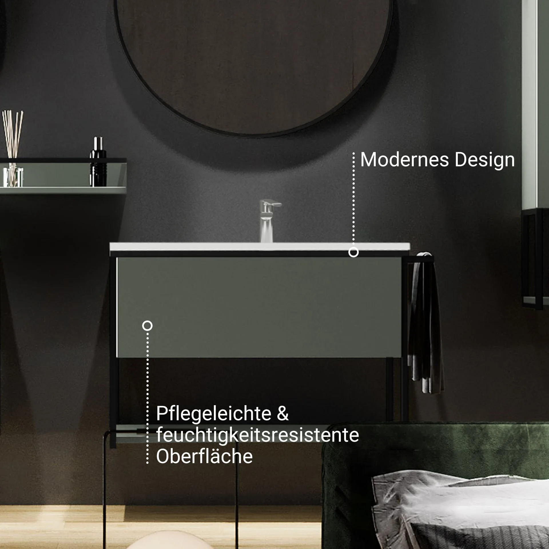 BADEDU DUNA Waschbecken mit Unterschrank 80 cm breit, Grün, Waschbecken Keramik Weiß