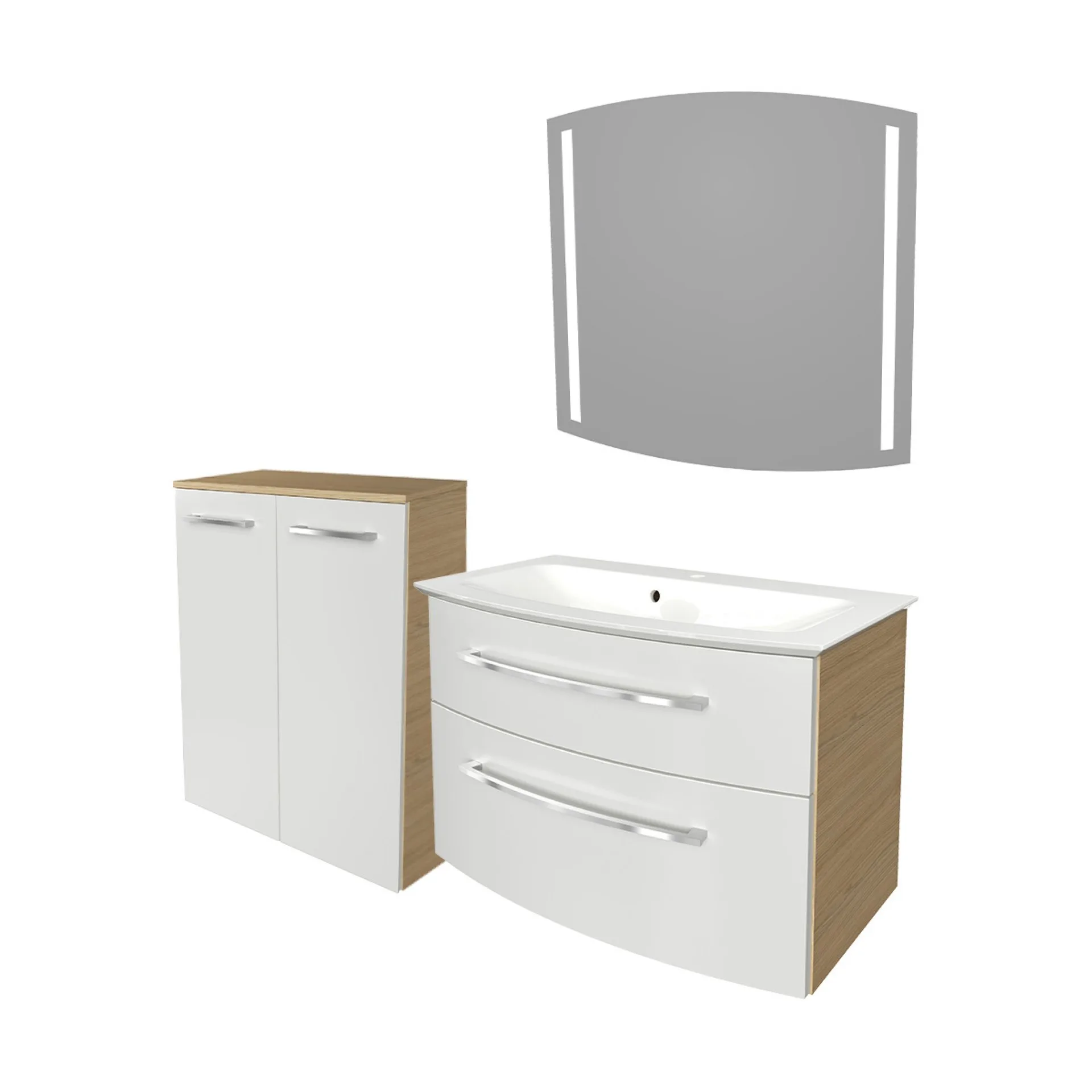 FACKELMANN B.STYLE Badmöbel Set 4-teilig 83 cm breit, Weiß/Braun + LED Spiegel + Doppel Midischrank