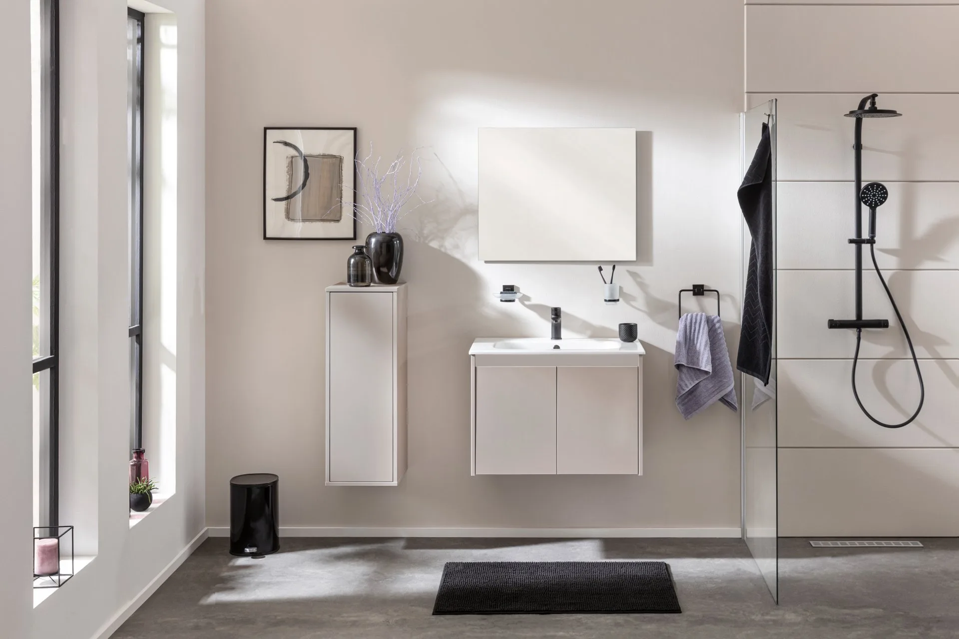 FACKELMANN COMPACT LINE Waschbecken mit Unterschrank 71 cm breit, Grau, Waschbecken Keramik Weiß, 2 Türen
