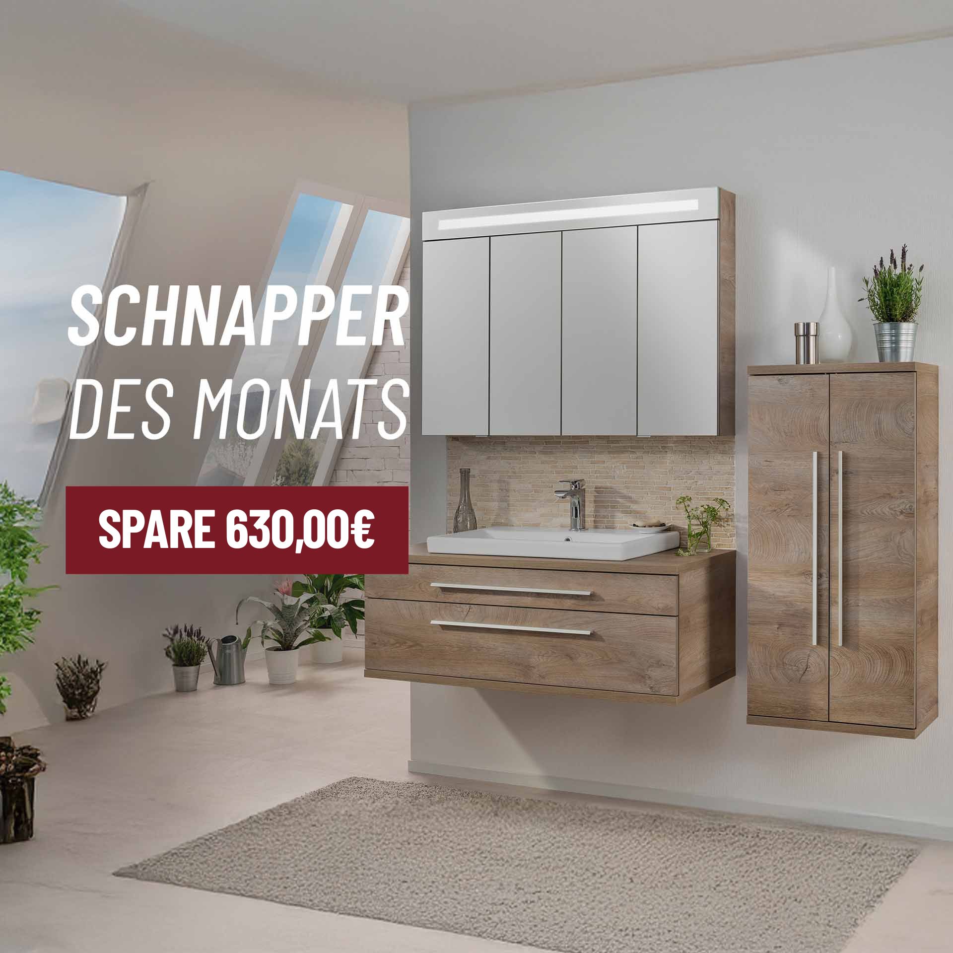 Fackelmann STANFORD Badmöbel Set 4-teilig, 110 cm breit, Braun, Keramik+Spiegelschrank+Midischrank