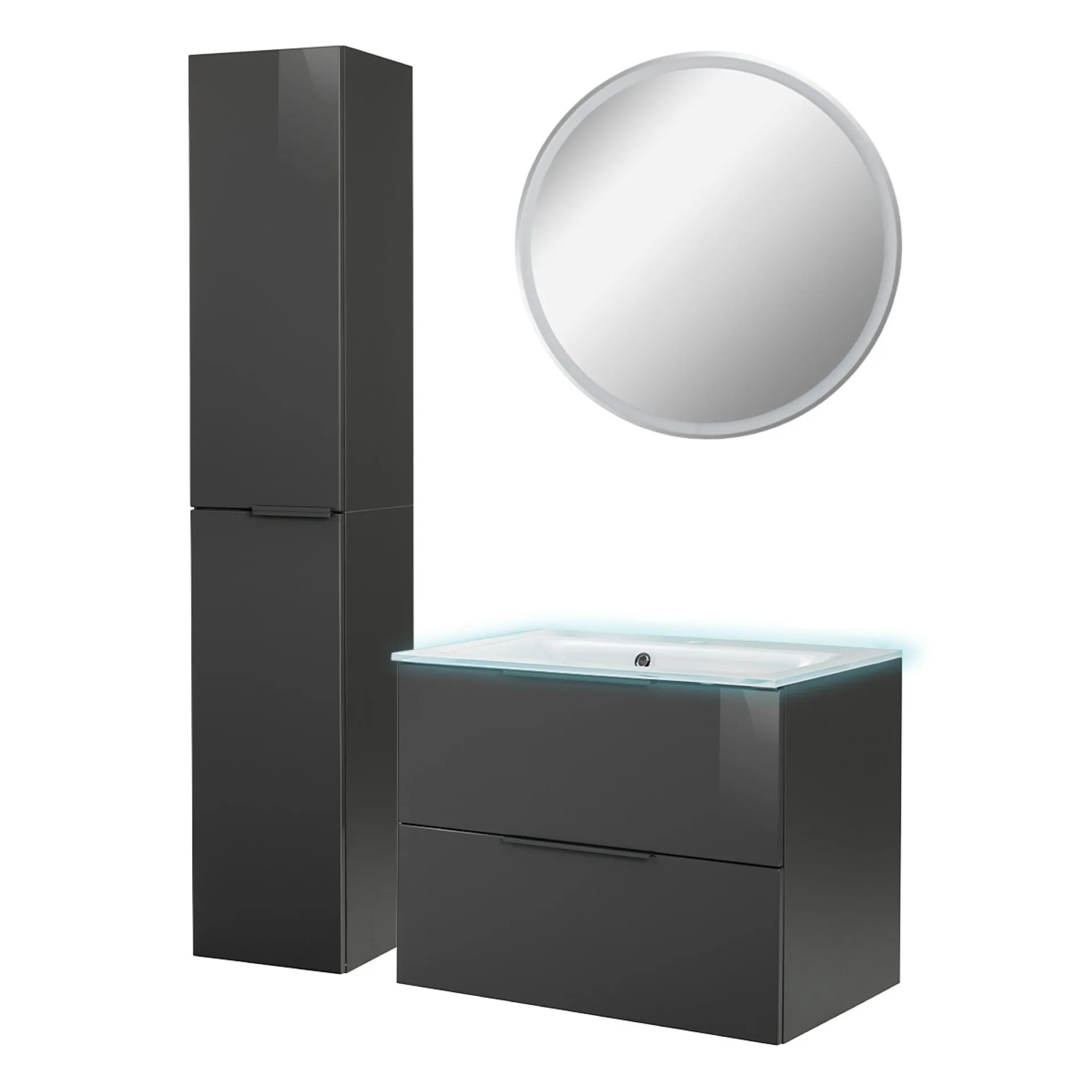 FACKELMANN LUNA Badmöbel Set 5-teilig 80 cm breit, Anthrazit, Waschbecken Glas Weiß + LED Spiegel + Hochschrank + Waschbeckenbeleuchtung