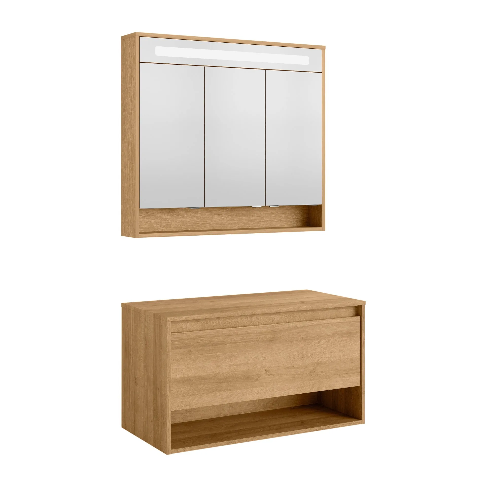 FACKELMANN NATURA Waschbeckenunterschrank mit Spiegelschrank 94 cm breit, Braun hell, LED Spiegelschrank