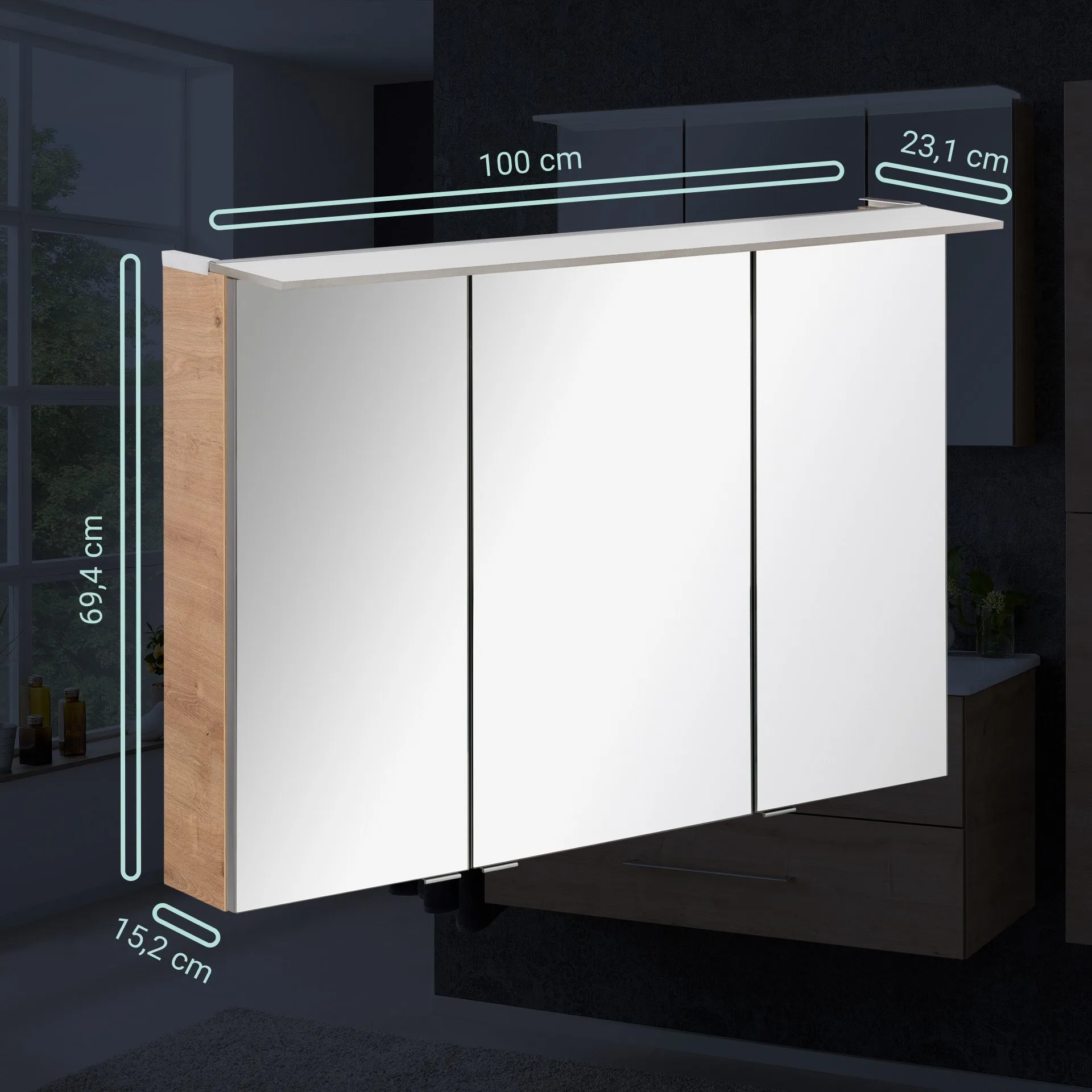 Fackelmann B.PERFEKT LED Spiegelschrank 100 cm breit, Braun hell
