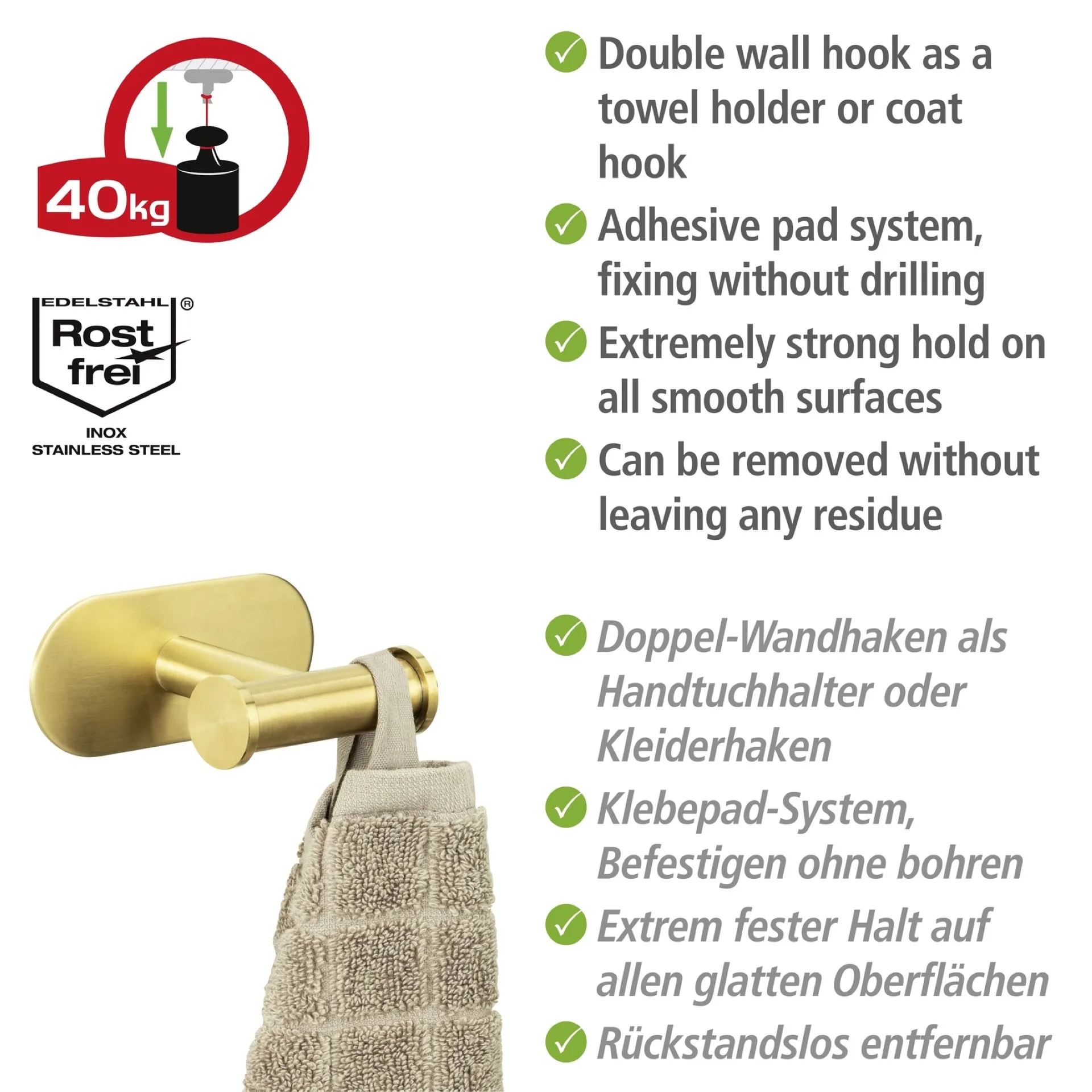 WENKO OREA Handtuchhaken, Gold matt, Befestigen ohne Bohren