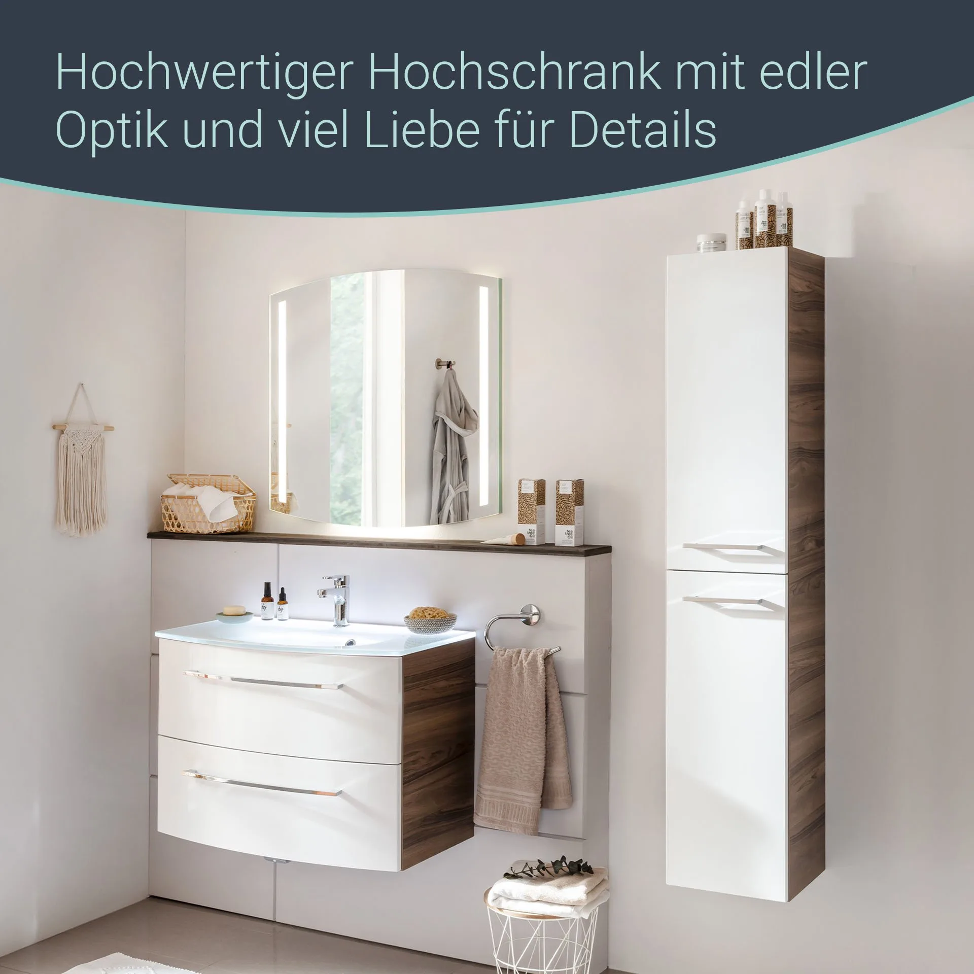 FACKELMANN VERONA Hochschrank 30 cm breit, Weiß Hochglanz/Braun Dunkel, Türanschlag rechts