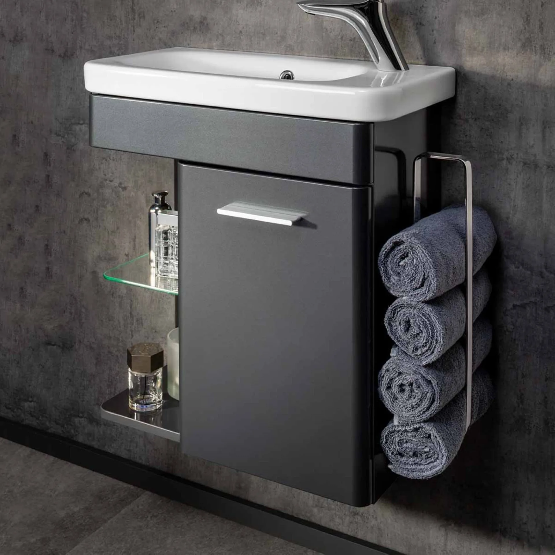 LANZET K8 Gäste WC Waschtisch Set 60 cm breit, Anthrazit, Waschbecken Keramik Weiß, Türanschlag rechts