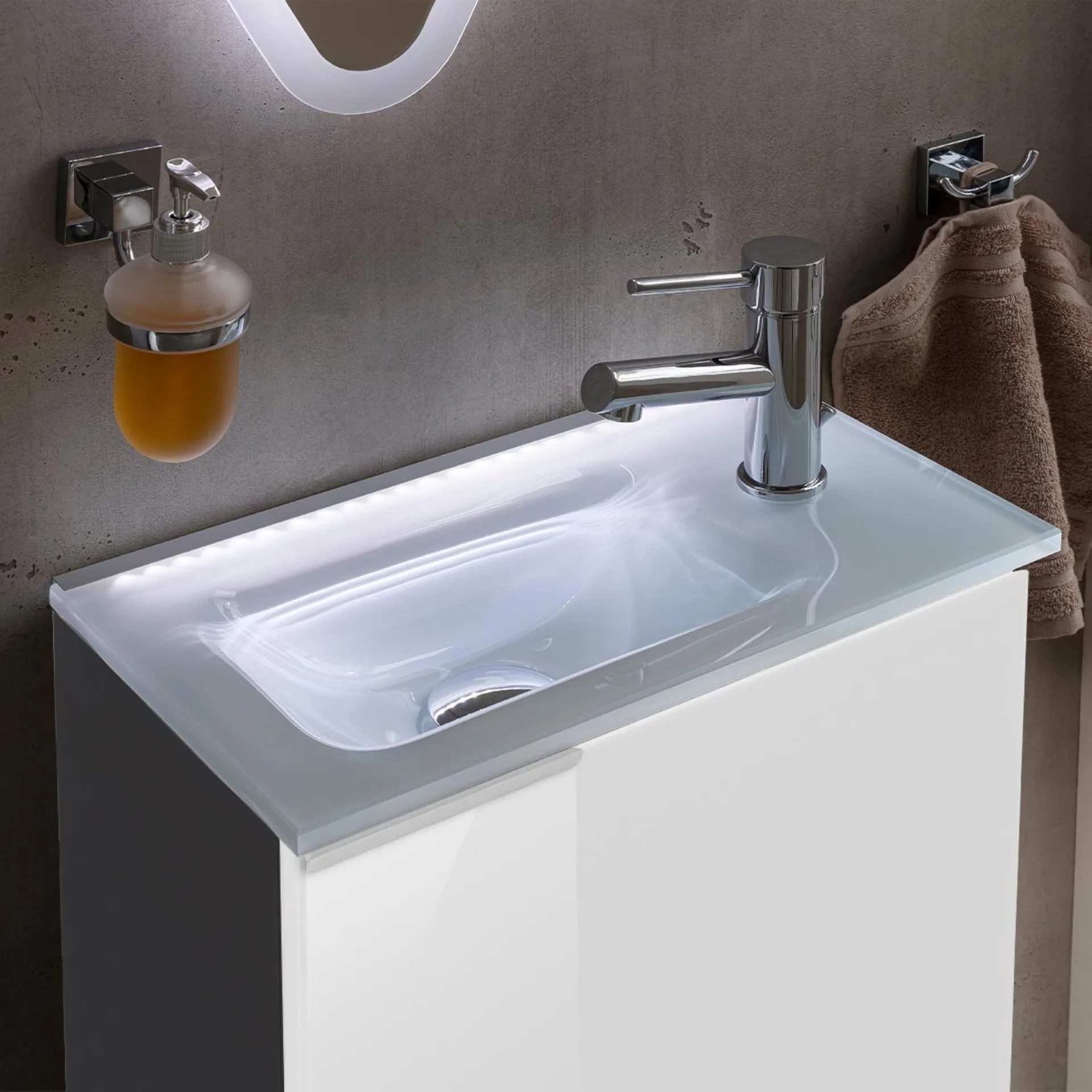 FACKELMANN SBC KARA Gäste WC Waschtisch Set 45 cm breit, Weiß/Anthrazit, Waschbecken Glas Weiß, Türanschlag rechts + Waschbeckenbeleuchtung