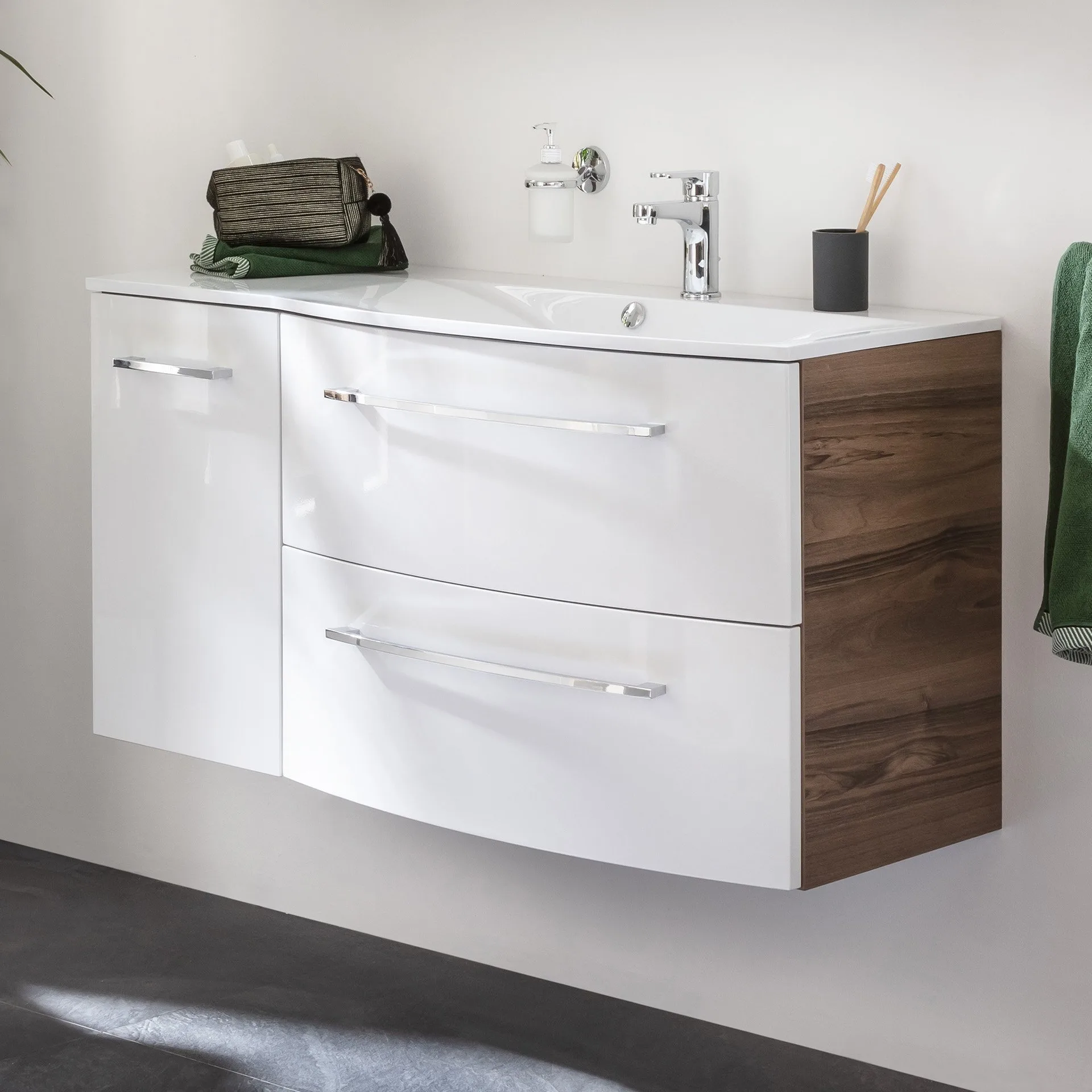 FACKELMANN VERONA Waschbecken mit Unterschrank 115 cm breit, Weiß/Braun Dunkel, Waschbecken Gussmarmor Weiß + Unterschrank Türanschlag rechts