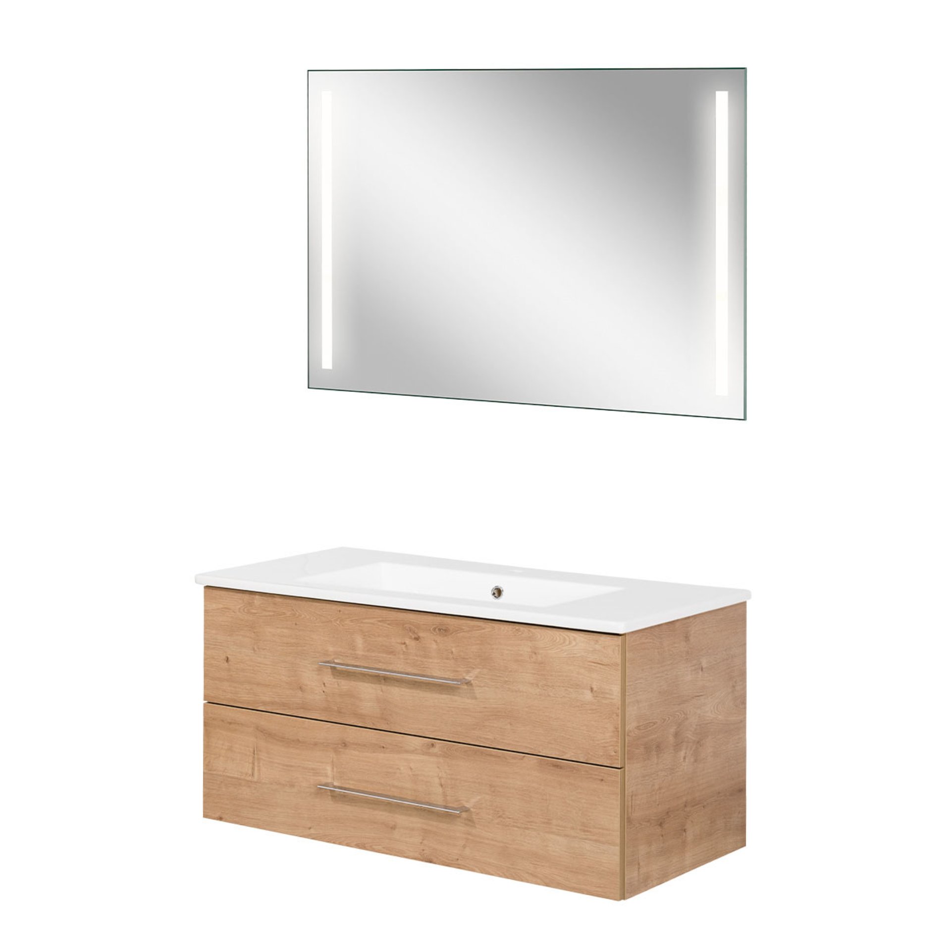 FACKELMANN B.PERFEKT Waschtisch Set mit Spiegel 103 cm breit, Braun hell, Waschbecken Keramik Weiß