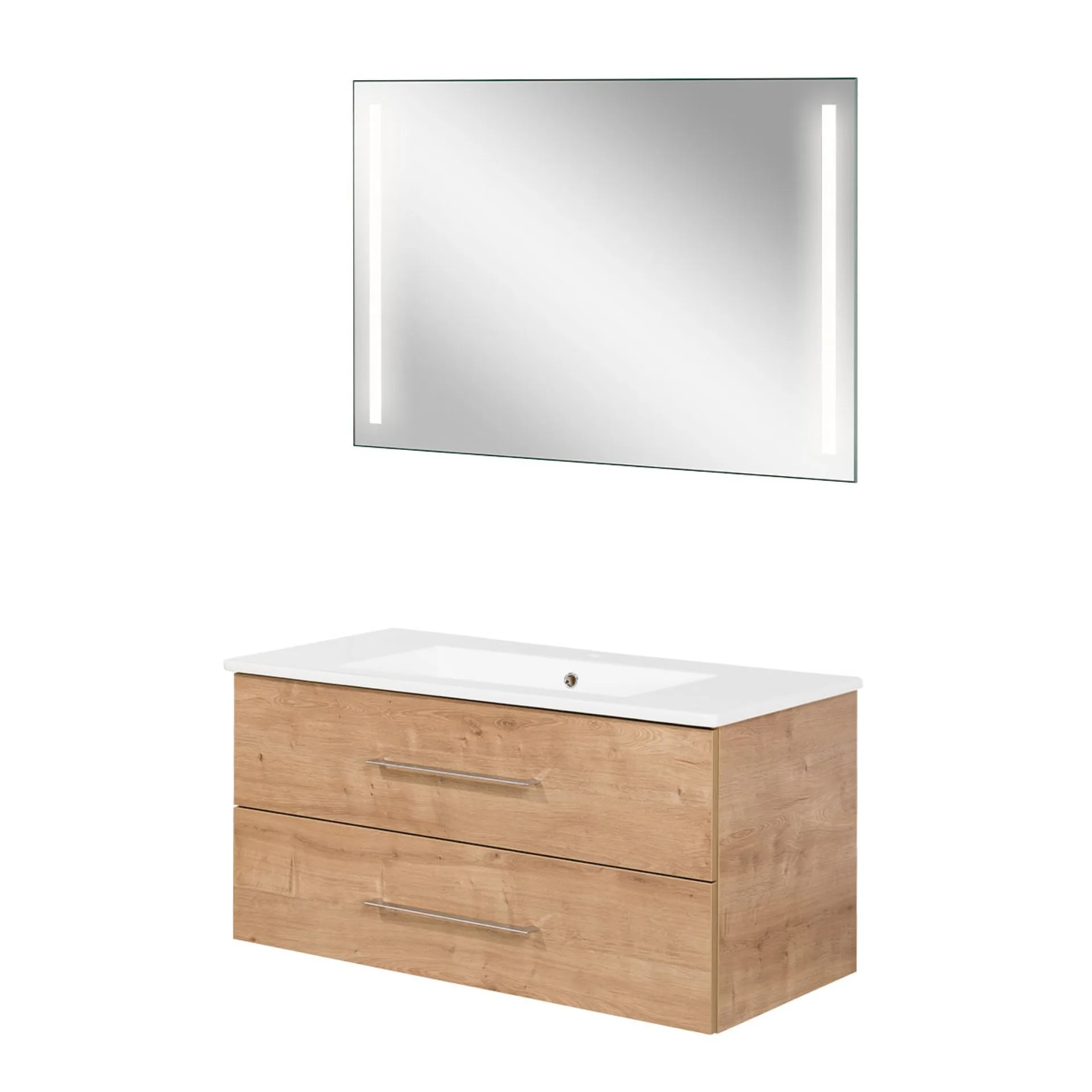 FACKELMANN B.PERFEKT Waschtisch Set mit Spiegel 103 cm breit, Braun hell, Waschbecken Keramik Weiß