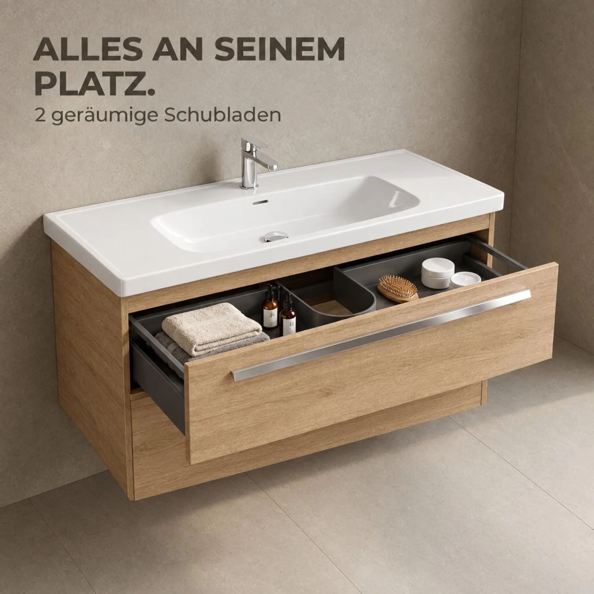 BADEDU TESSANO Waschbecken mit Unterschrank 120 cm breit, Braun hell, Waschbecken Keramik Weiß