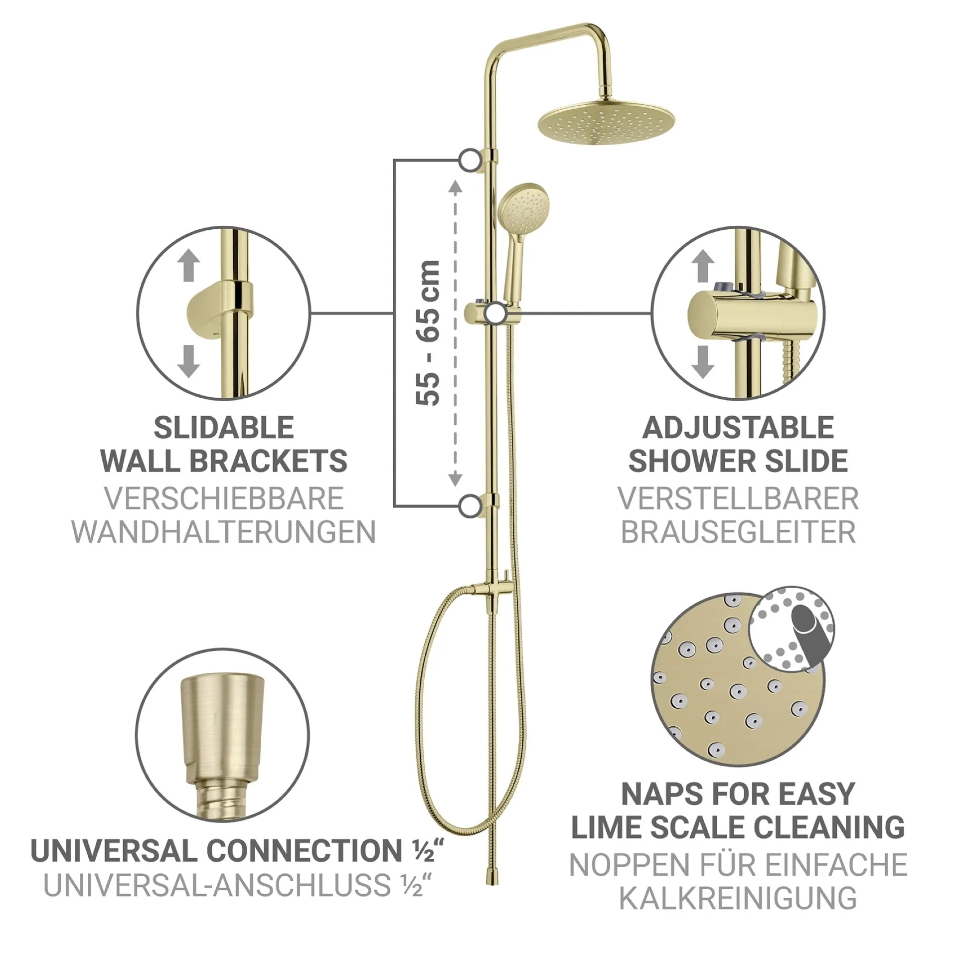 WENKO YOUNG Duschsystem, Gold, 3 verschiedene Wasserstrahlarten