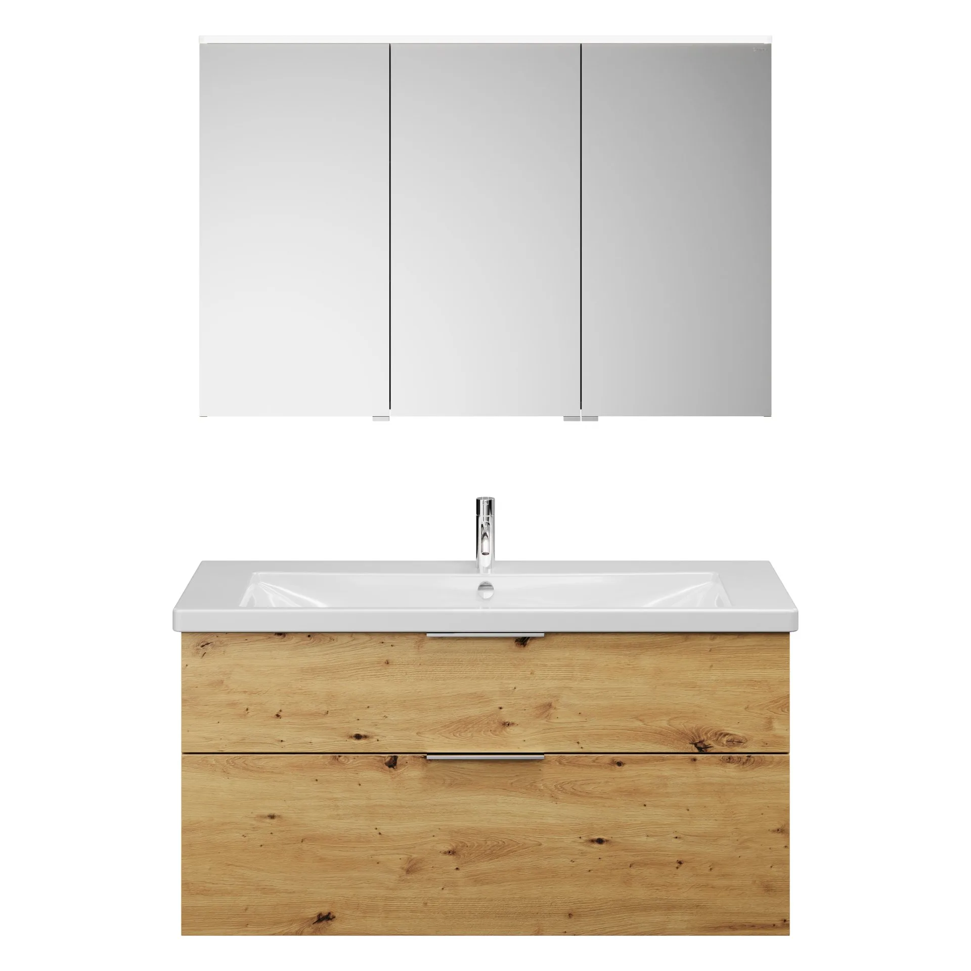 Burgbad EQIO Waschtisch Set mit Spiegelschrank 123 cm breit, Braun, Waschbecken Keramik Weiß, 3-türig Anschlag links
