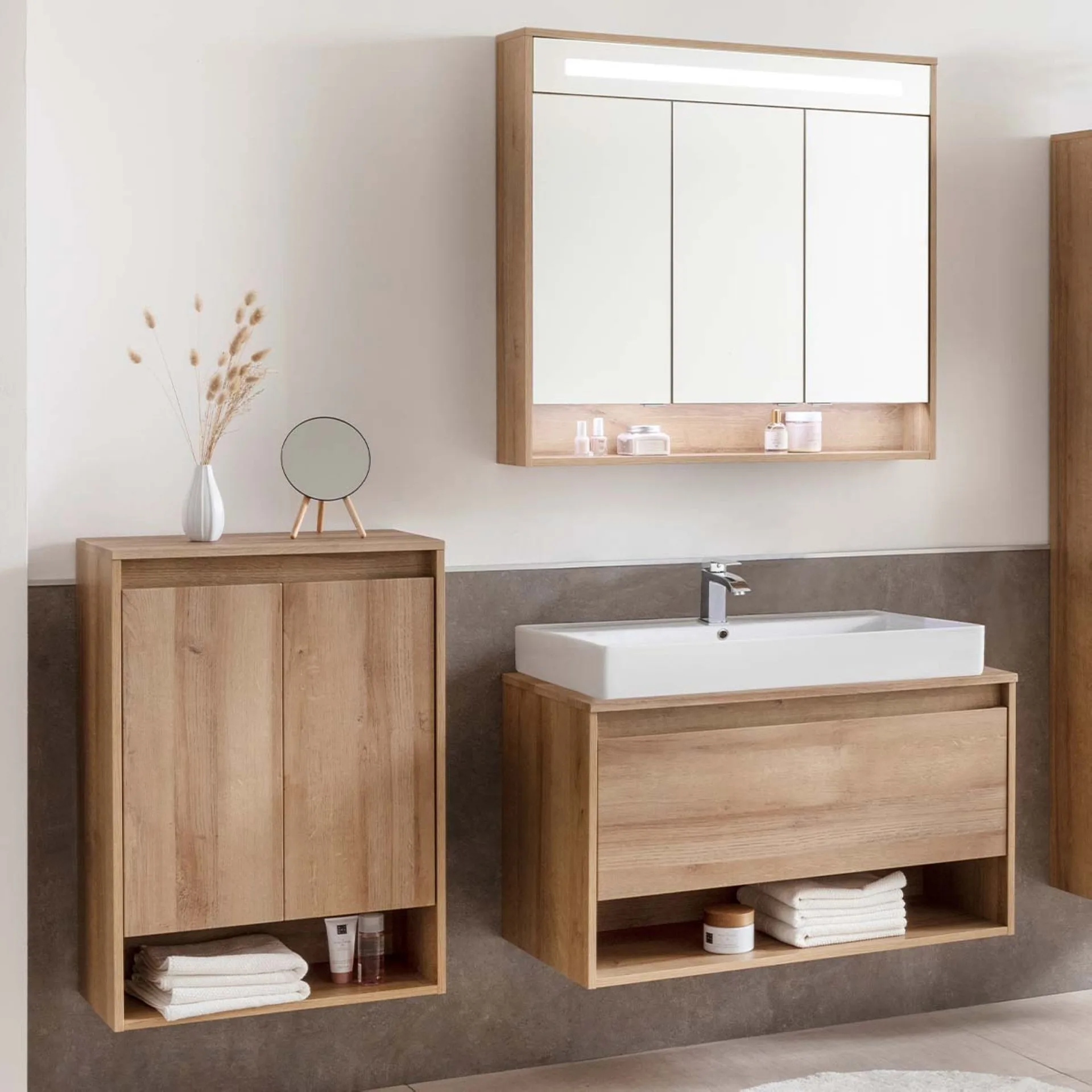 FACKELMANN NATURA Badmöbel Set 4-teilig 94 cm breit, Braun hell, Aufsatzwaschbecken Keramik Weiß + LED Spiegelschrank + Doppel Midischrank