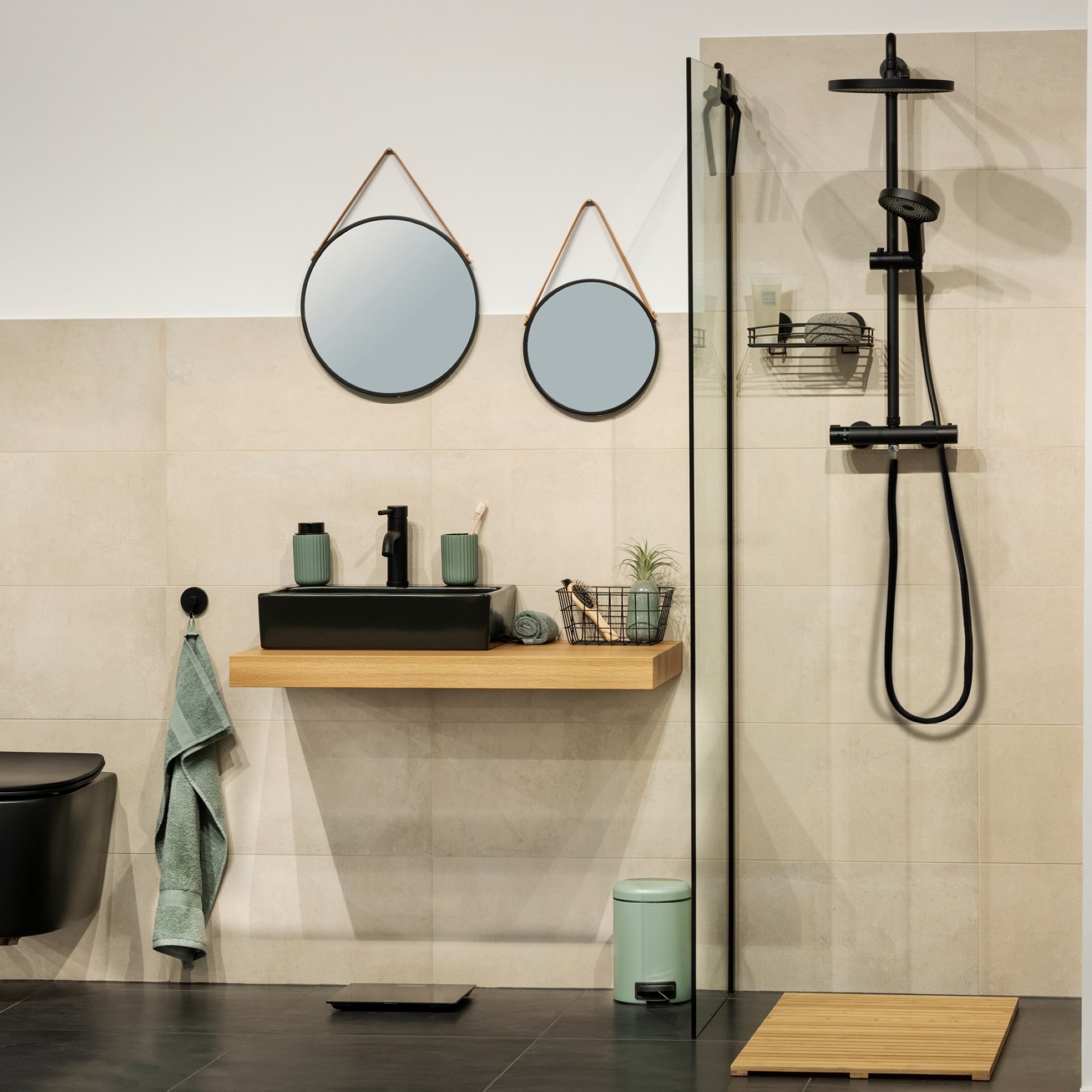 WENKO BORRONE Badspiegel Ø 40 cm, Schwarz/Braun