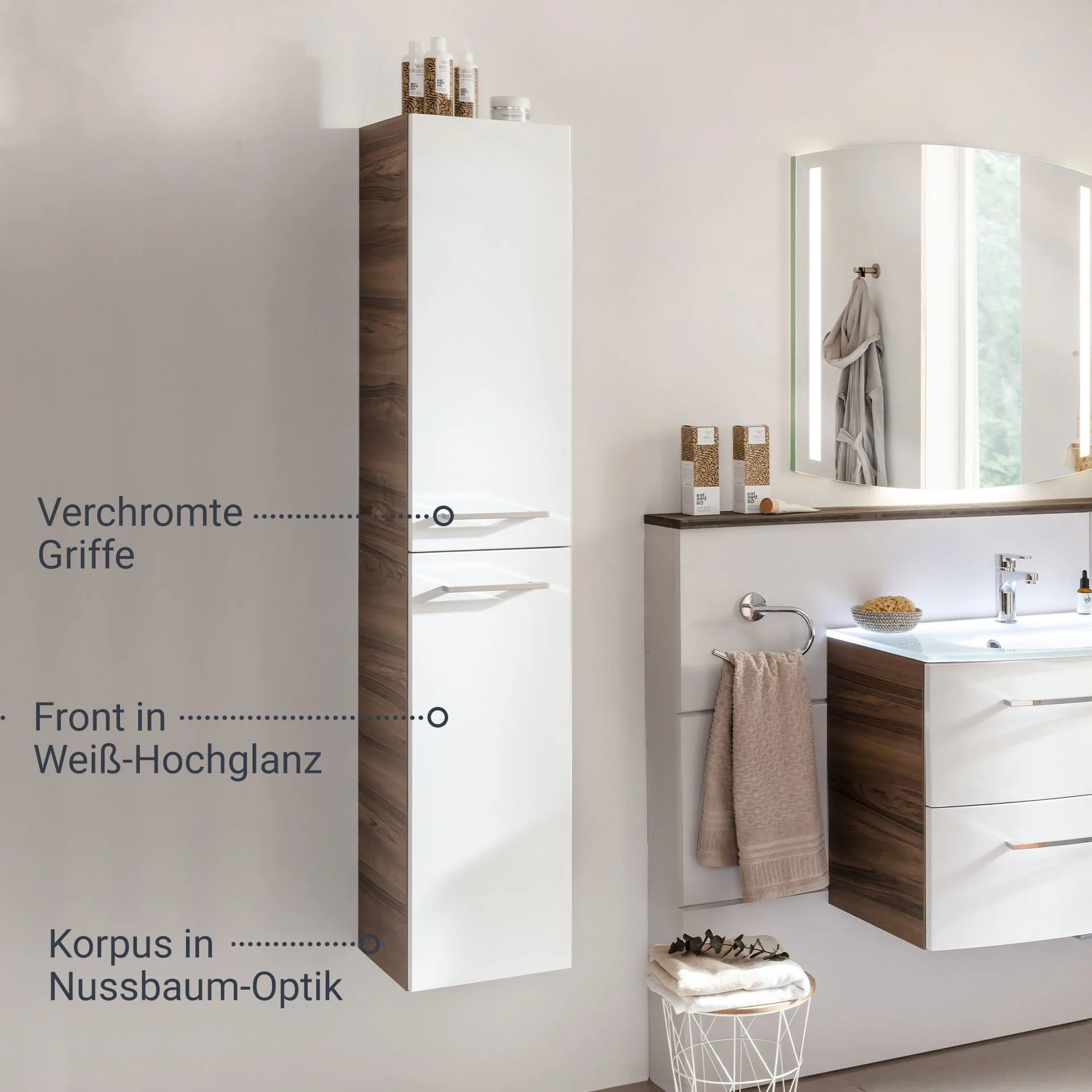 FACKELMANN VERONA Hochschrank 30 cm breit, Weiß Hochglanz/Braun Dunkel, Türanschlag links