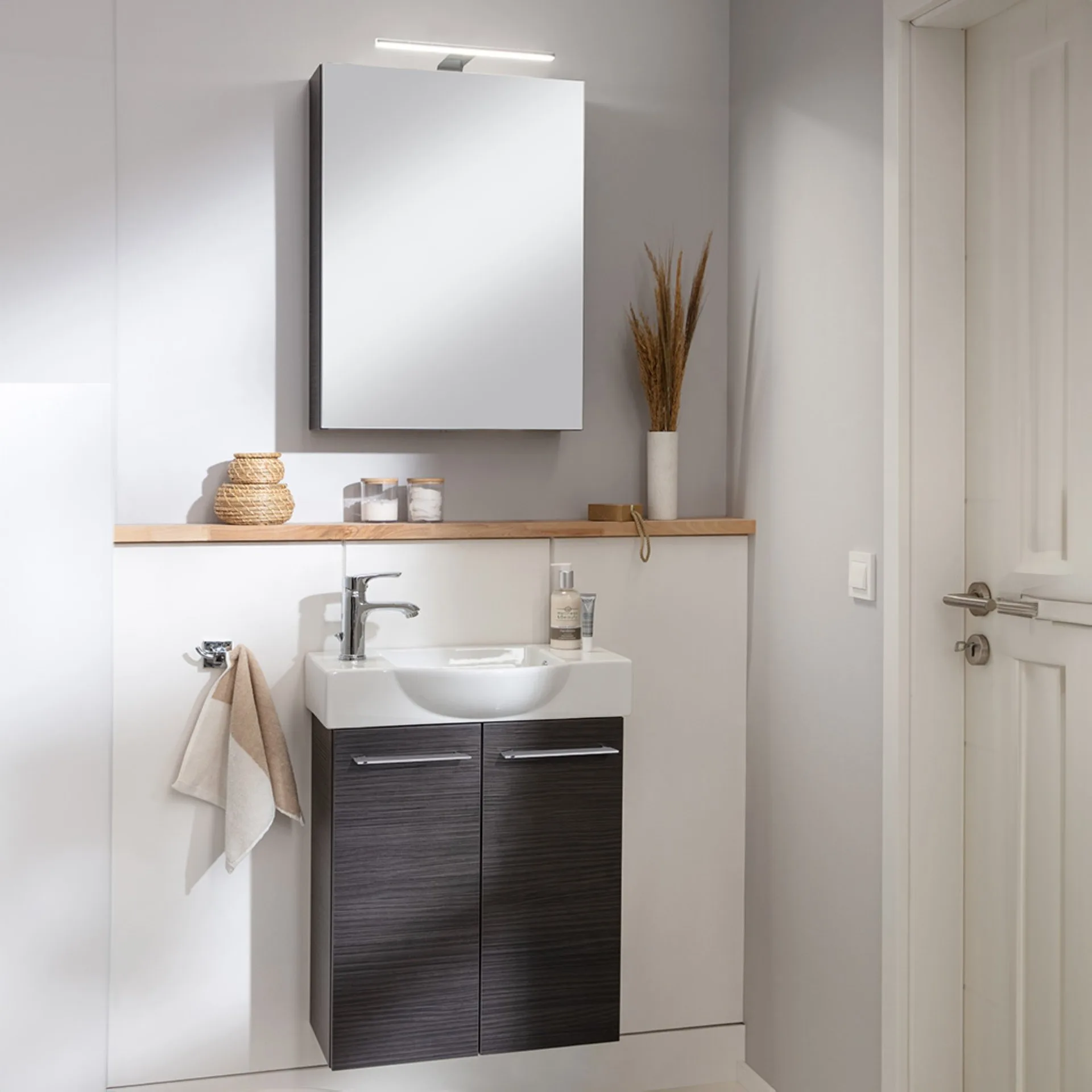 FACKELMANN SBC B.PERFEKT Gäste WC Waschtisch Set mit Spiegelschrank 55 cm breit, Anthrazit, Türanschlag links