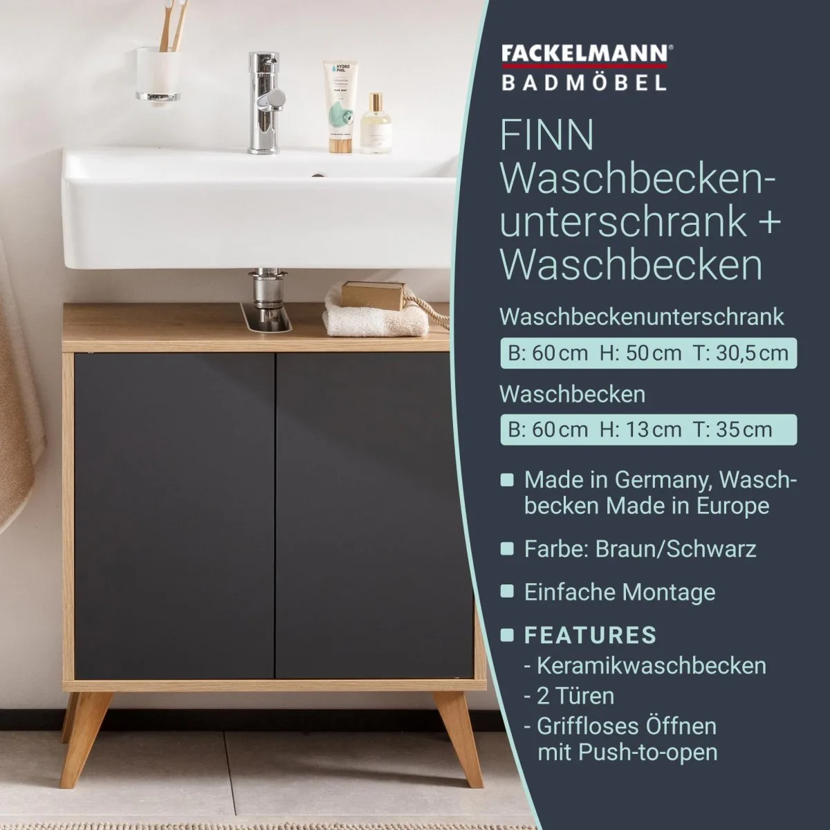 FACKELMANN FINN Waschbecken mit Unterschrank 60 cm breit, Anthrazit/Braun hell, Waschbecken Keramik Weiß