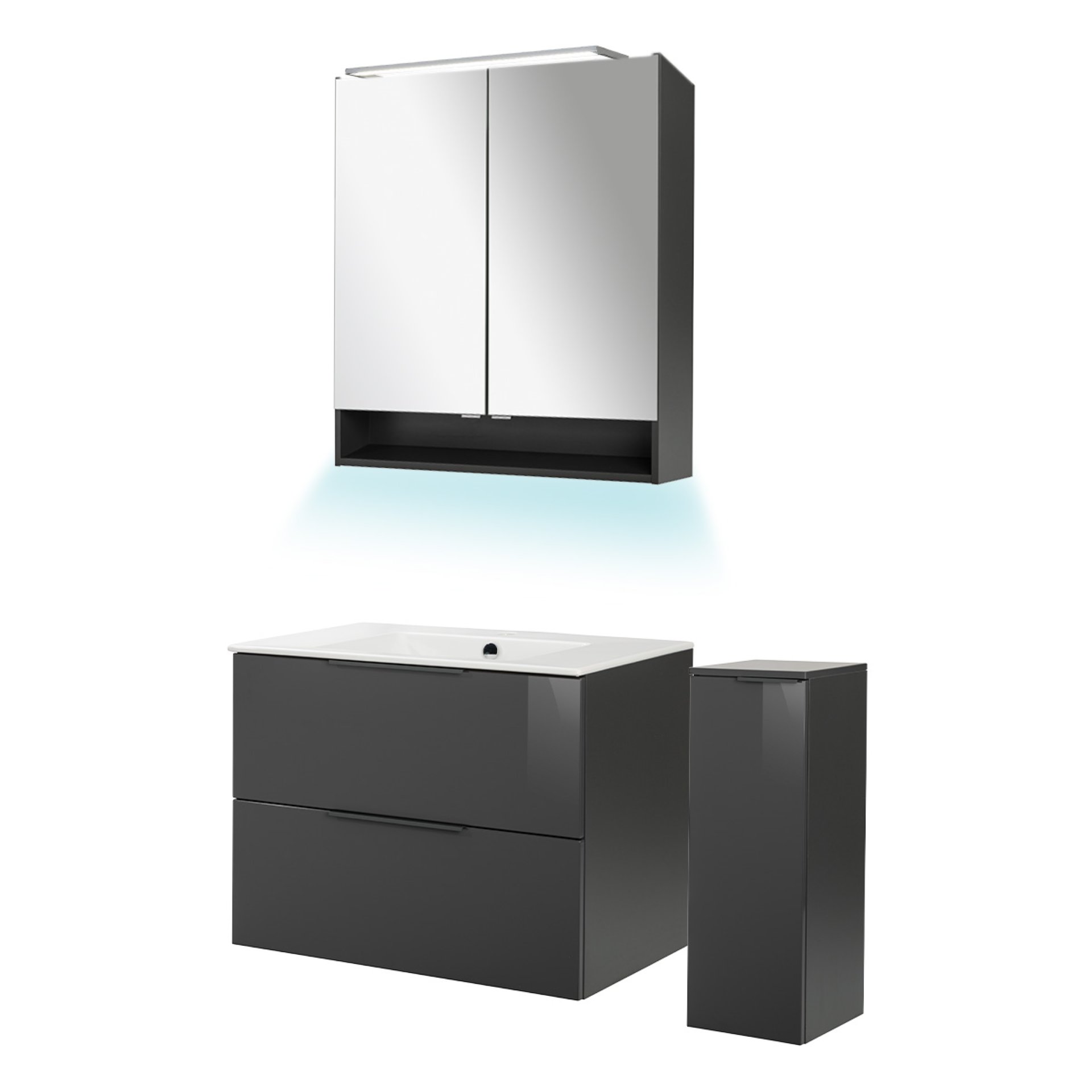 Fackelmann LUNA Badmöbel Set 5-teilig, 80 cm breit, Anthrazit, Keramik+Spiegelschrank+Midischrank