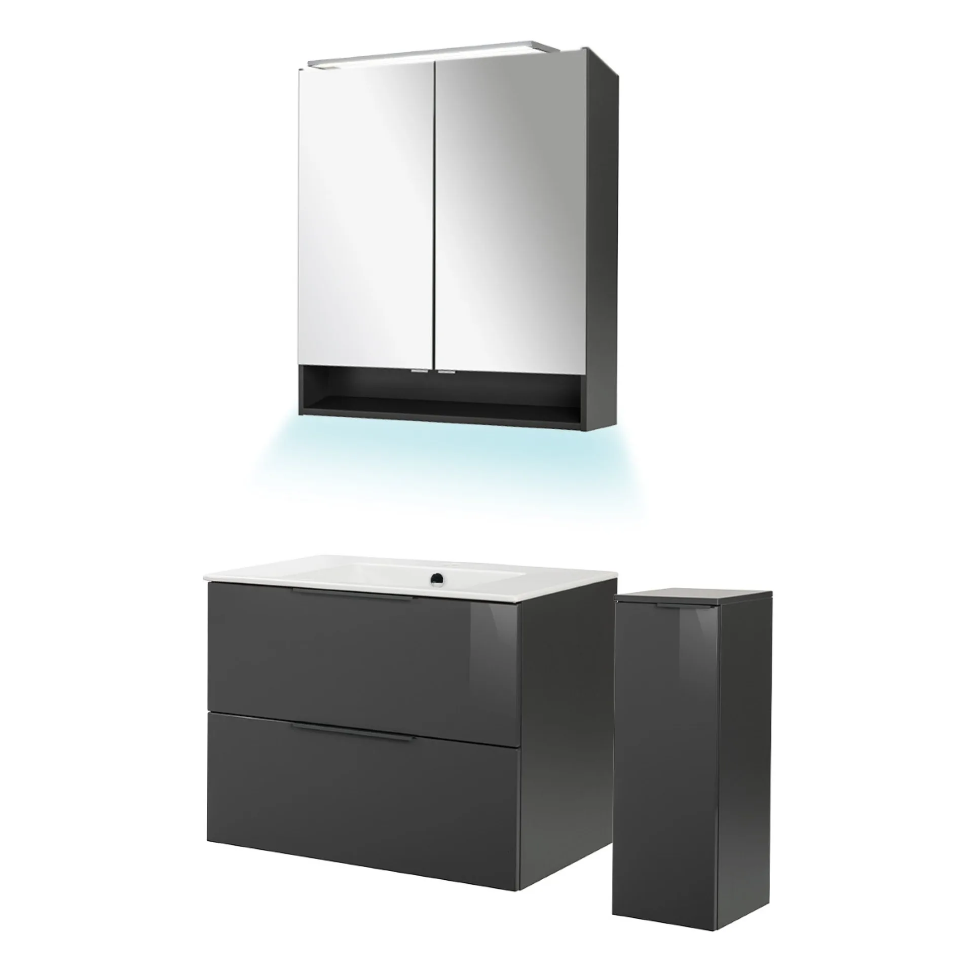 FACKELMANN LUNA Badmöbel Set 5-teilig 80 cm breit, Anthrazit, Waschbecken Keramik Weiß + LED Spiegelschrank + Midischrank + Ambientebeleuchtung