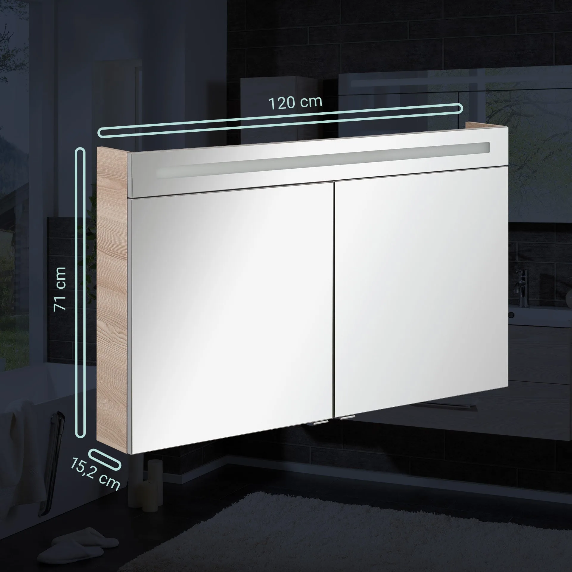 FACKELMANN B.CLEVER LED Spiegelschrank 120 cm breit, Braun hell, 2 Türen