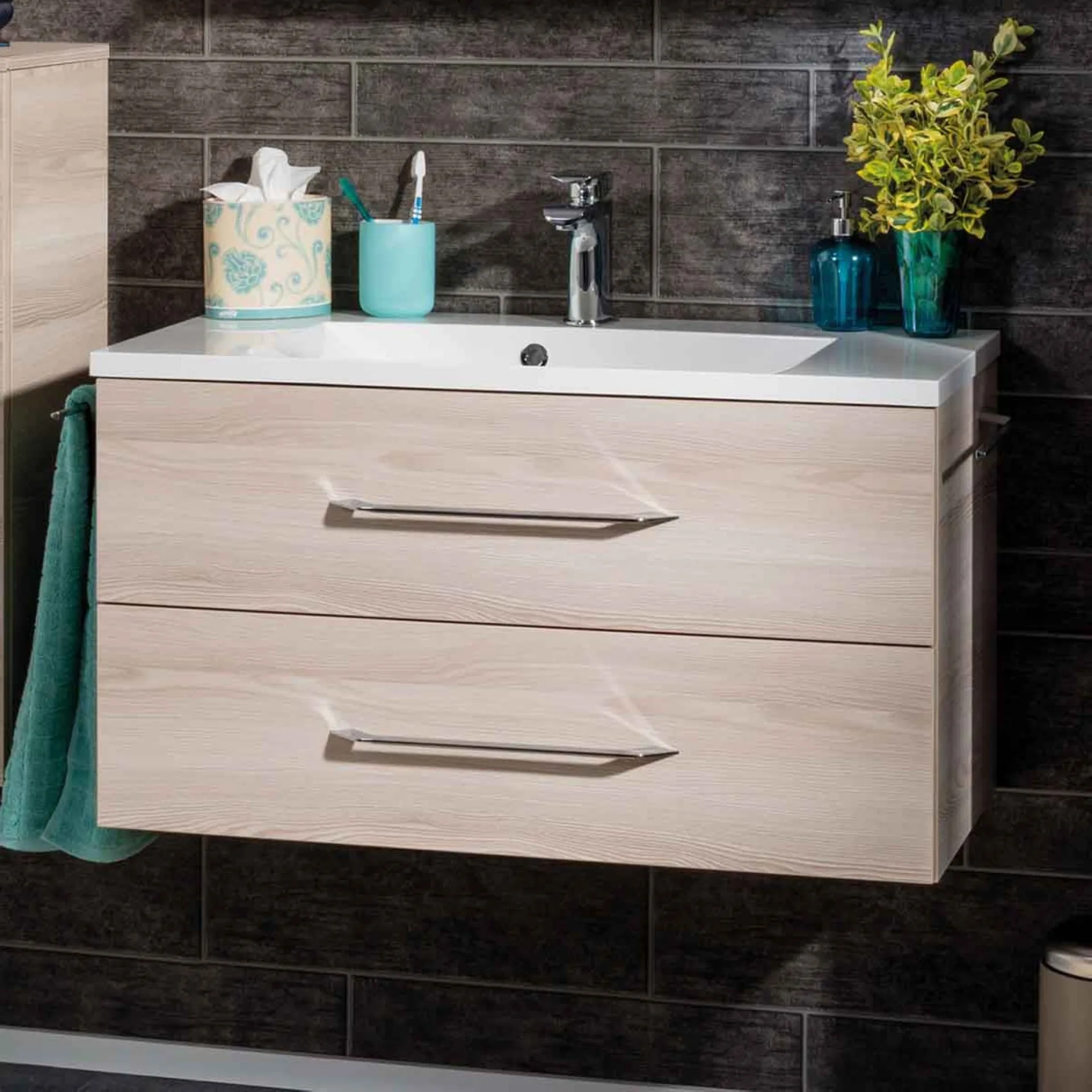 FACKELMANN B.CLEVER Waschbecken mit Unterschrank 90 cm breit, Braun hell, Waschbecken Gussmarmor Weiß