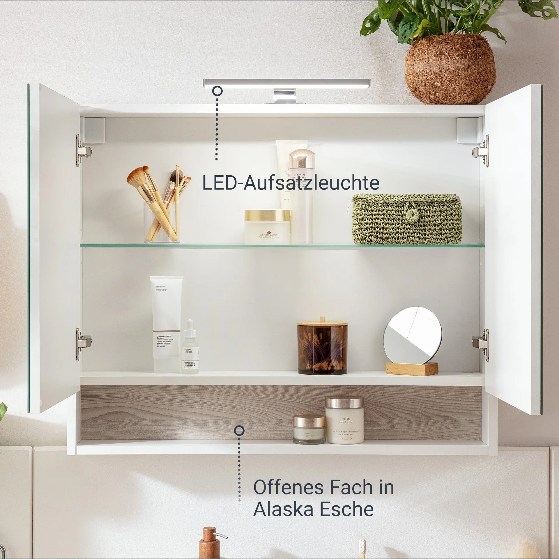 BADEDU OKA Waschtisch Set mit Spiegelschrank 81 cm breit, Weiß/Braun, Waschbecken Keramik Weiß + LED Aufsatzleuchte