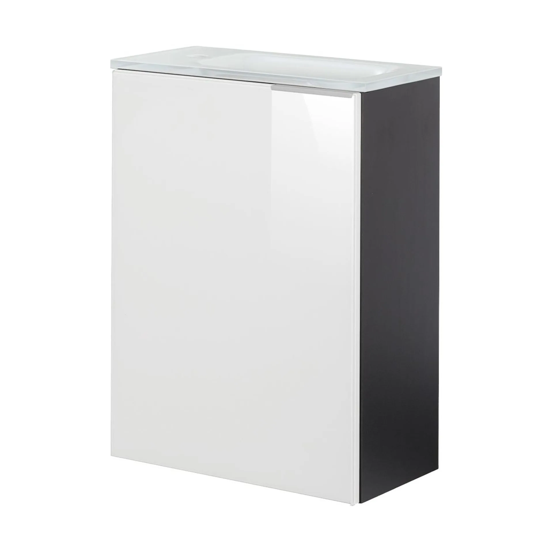 FACKELMANN SBC KARA Gäste WC Waschtisch Set 45 cm breit, Weiß/Anthrazit, Waschbecken Glas Weiß, Türanschlag links + Waschbeckenbeleuchtung