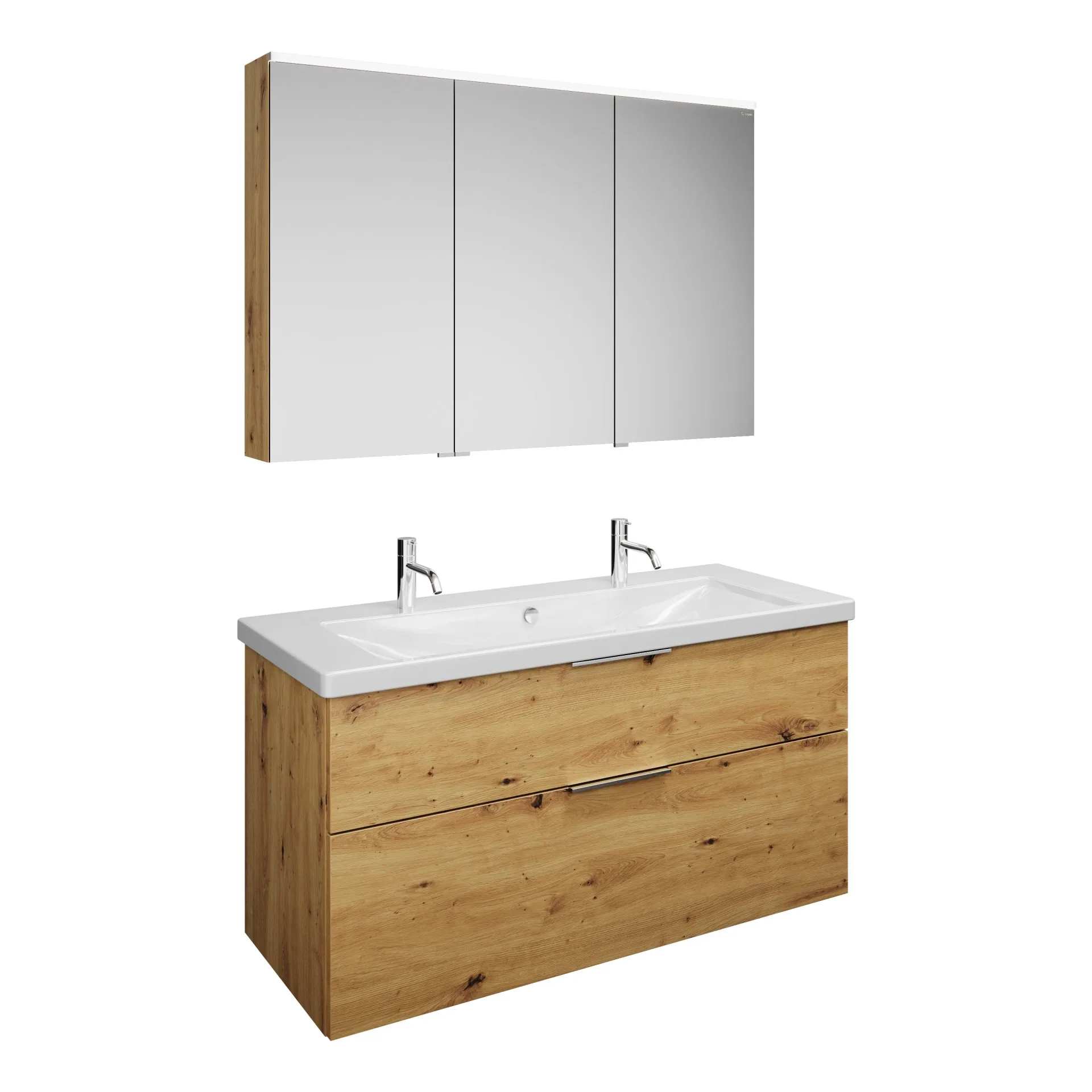 Burgbad EQIO Waschtisch Set mit Spiegelschrank 123 cm breit, Braun, Doppelwaschbecken Keramik Weiß, 3-türig Anschlag rechts