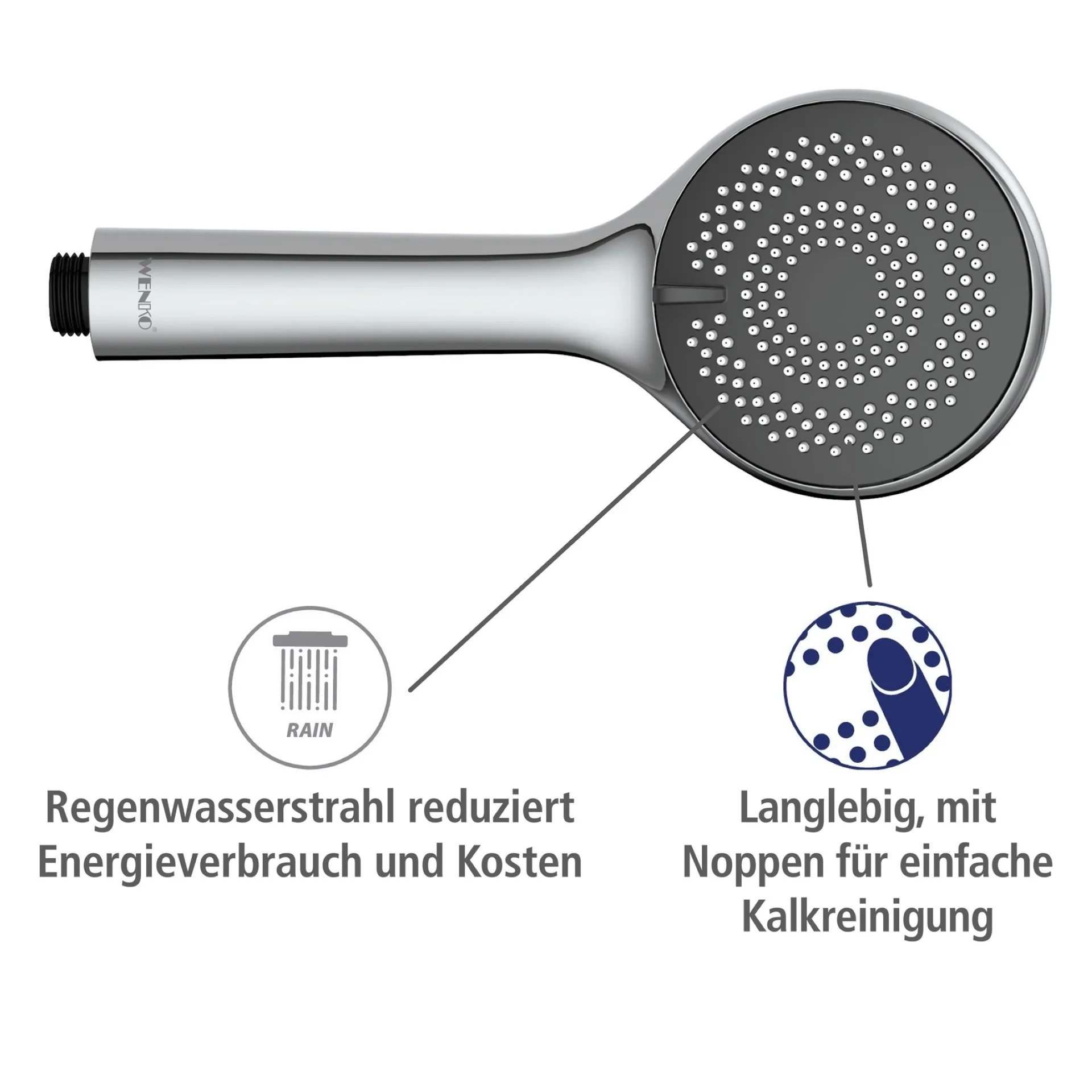 WENKO Duschkopf Ø 9,6 cm, Chrom, mit Wassersparsystem, 3 verschiedene Wasserstrahlarten