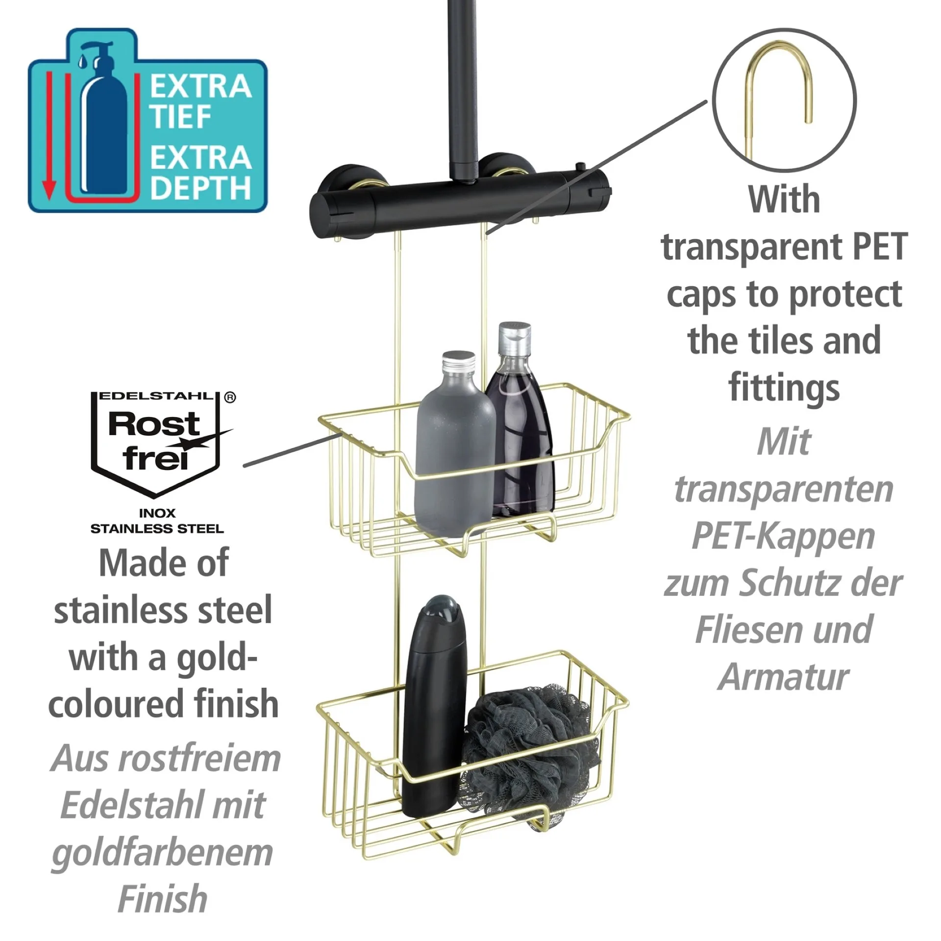 WENKO MILO Duschablage, Gold, 2 Etagen, Edelstahl rostfrei, zum Einhängen