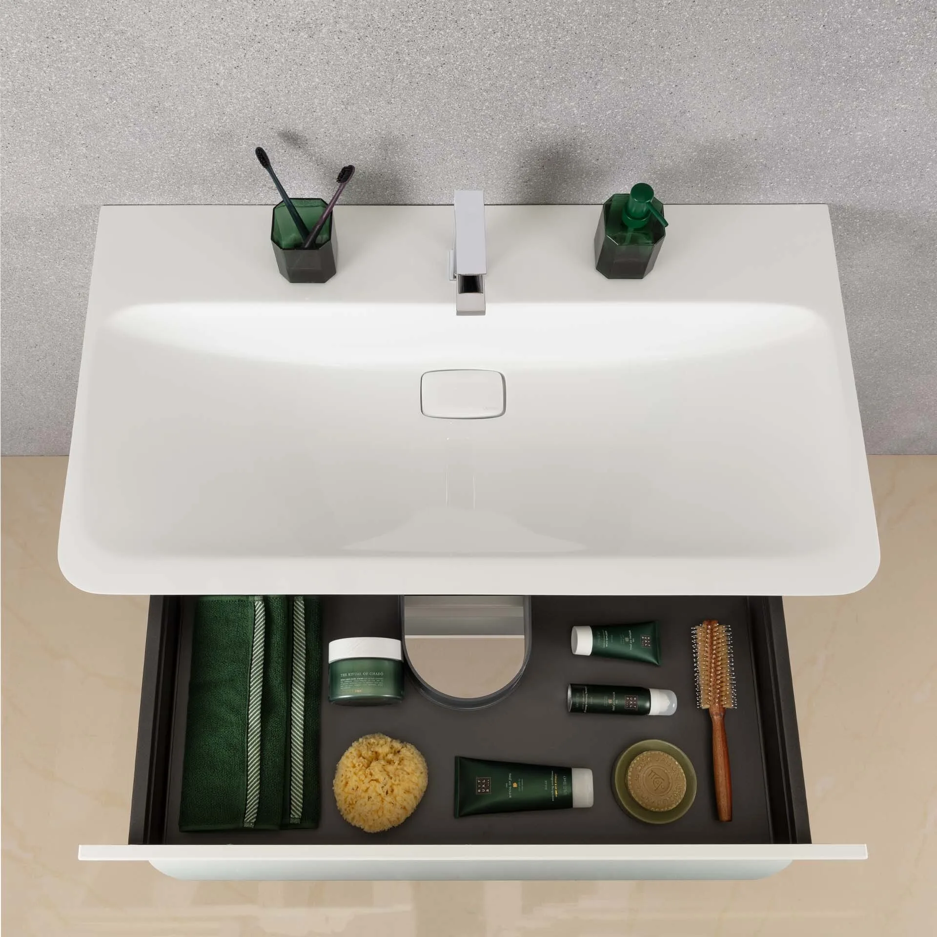 LANZET M9 Waschtisch Set mit Spiegelschrank 130 cm breit, Braun hell, Doppelwaschbecken Gussmarmor Weiß + Waschbeckenbeleuchtung