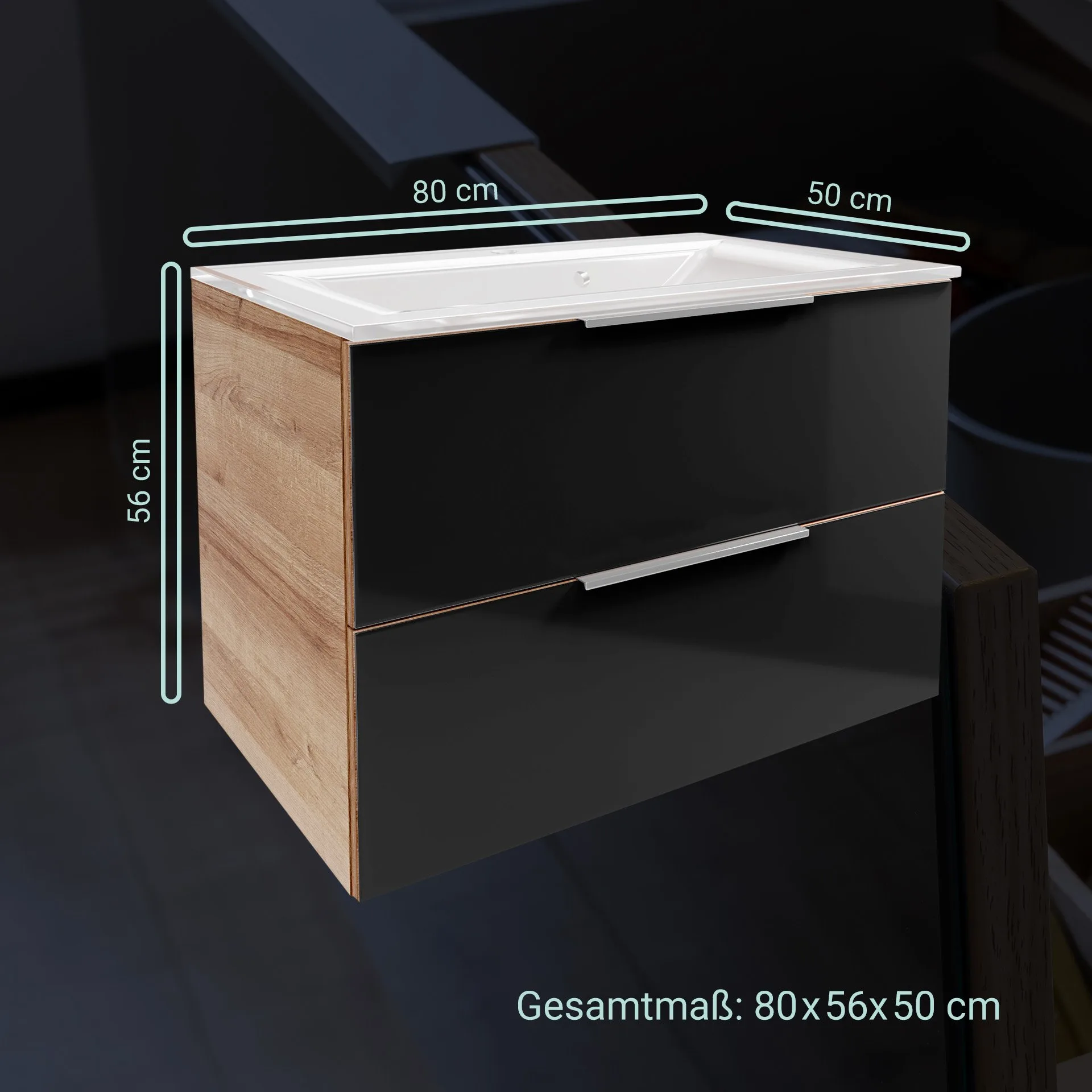FACKELMANN B.BRILLANT Waschbecken mit Unterschrank 80 cm breit, Anthrazit Glas/Braun hell, Waschbecken Glas Weiß