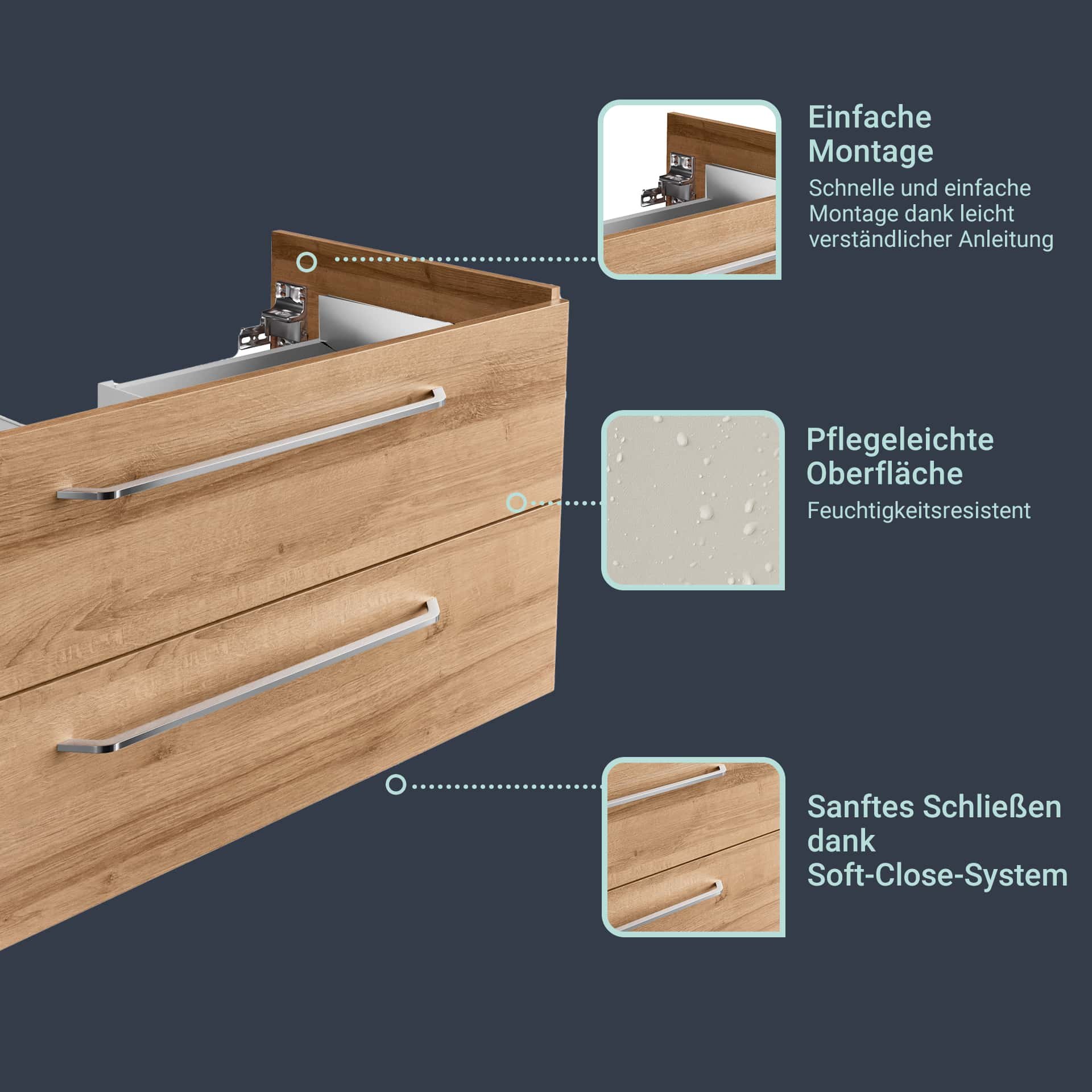 FACKELMANN MILANO Badmöbel Set 4-teilig 88 cm breit, Braun hell, Waschbecken Keramik Weiß + LED Spiegelschrank + Hängeschrank
