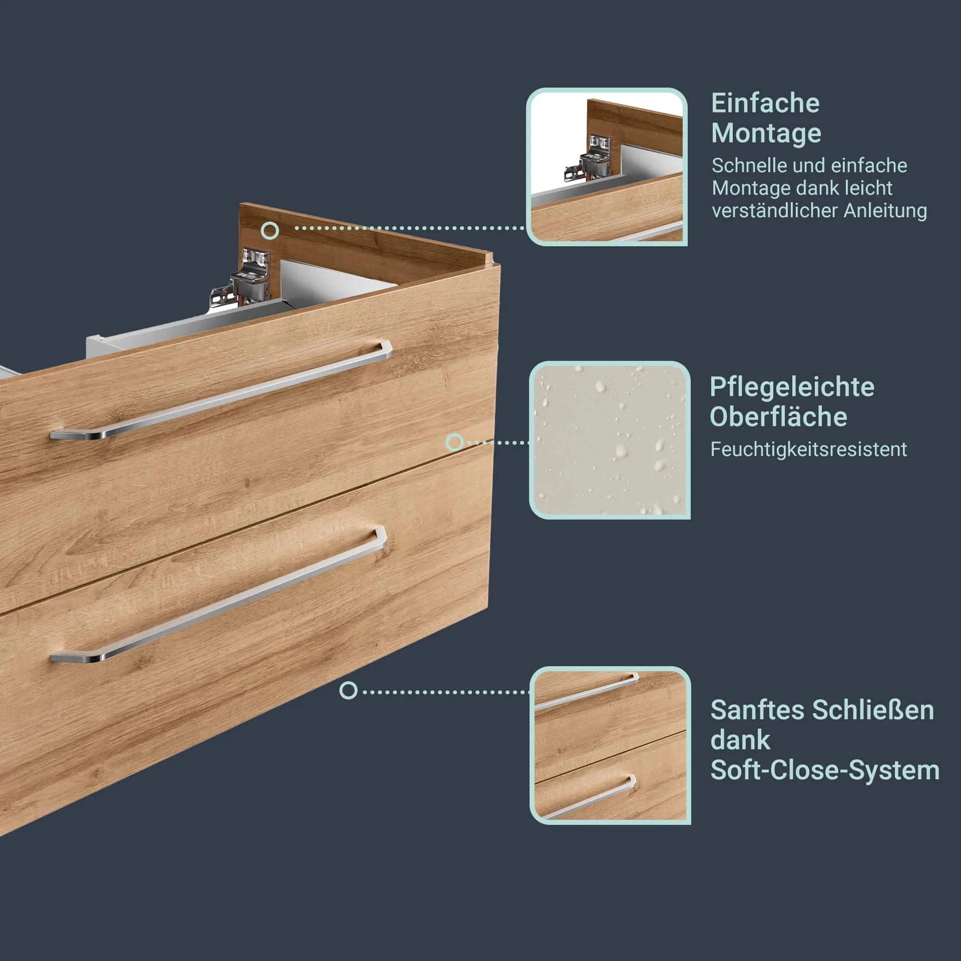 FACKELMANN MILANO Badmöbel Set 4-teilig 88 cm breit, Braun hell, Waschbecken Keramik Weiß + LED Spiegelschrank + Hängeschrank