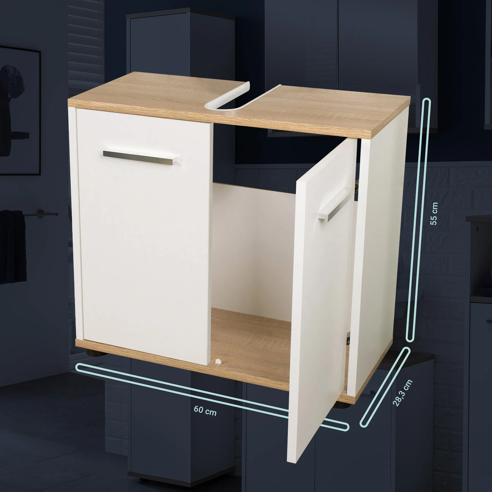 BADEDU ARC Waschbeckenunterschrank 60 cm breit, Weiß/Braun hell