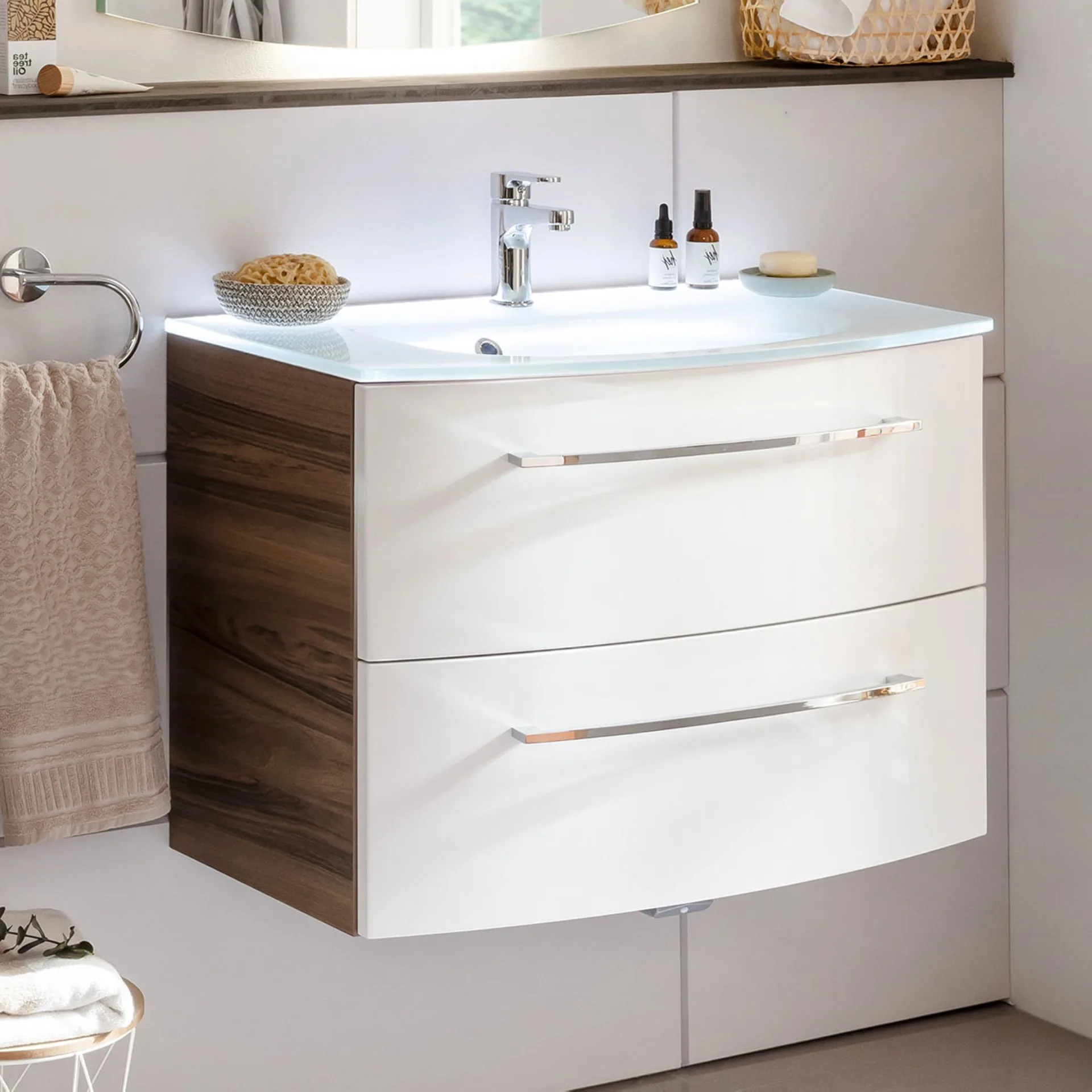 FACKELMANN VERONA Waschbecken mit Unterschrank 80 cm breit, Weiß/Braun Dunkel, Waschbecken Glas Weiß