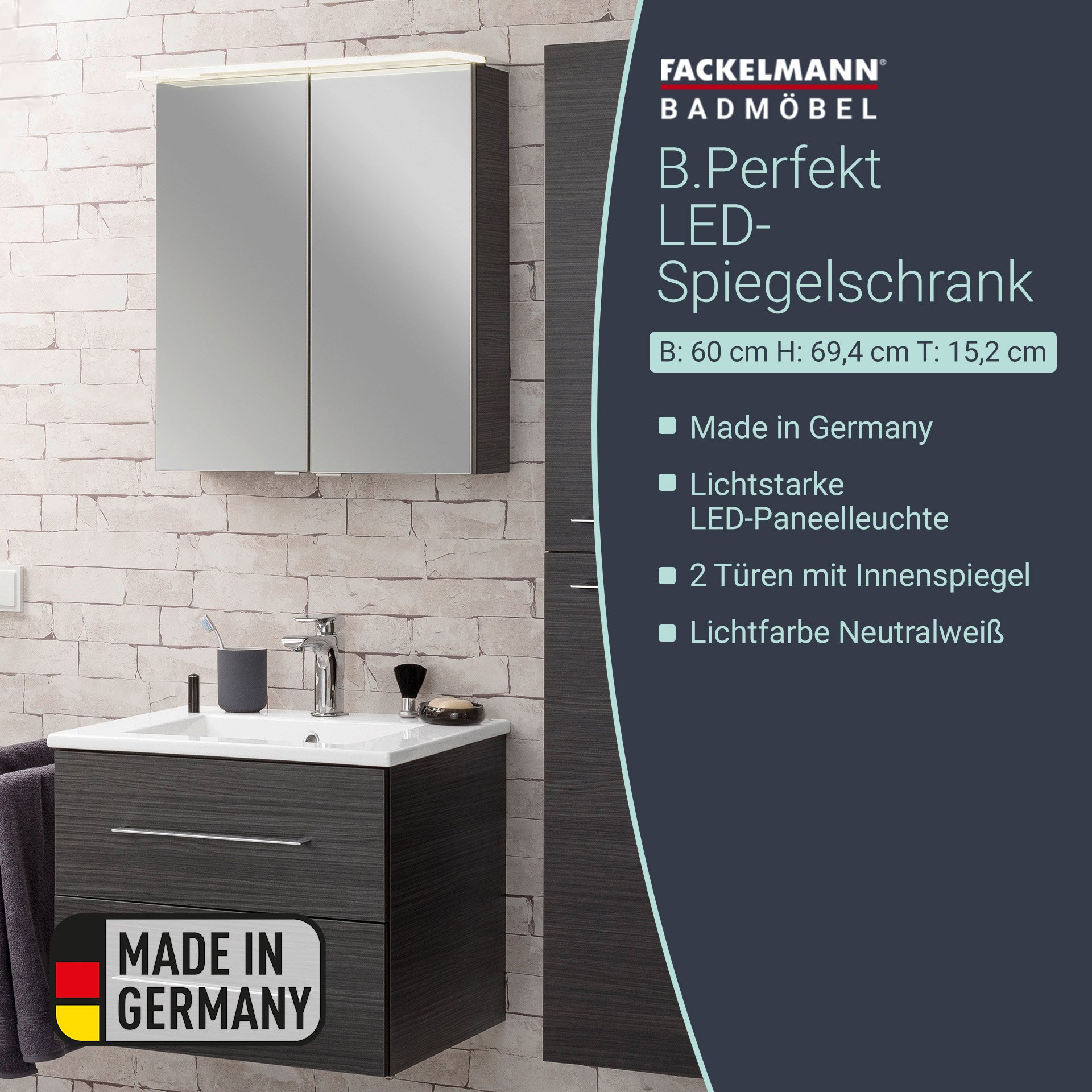 Fackelmann B.PERFEKT LED Spiegelschrank 60 cm breit, Anthrazit