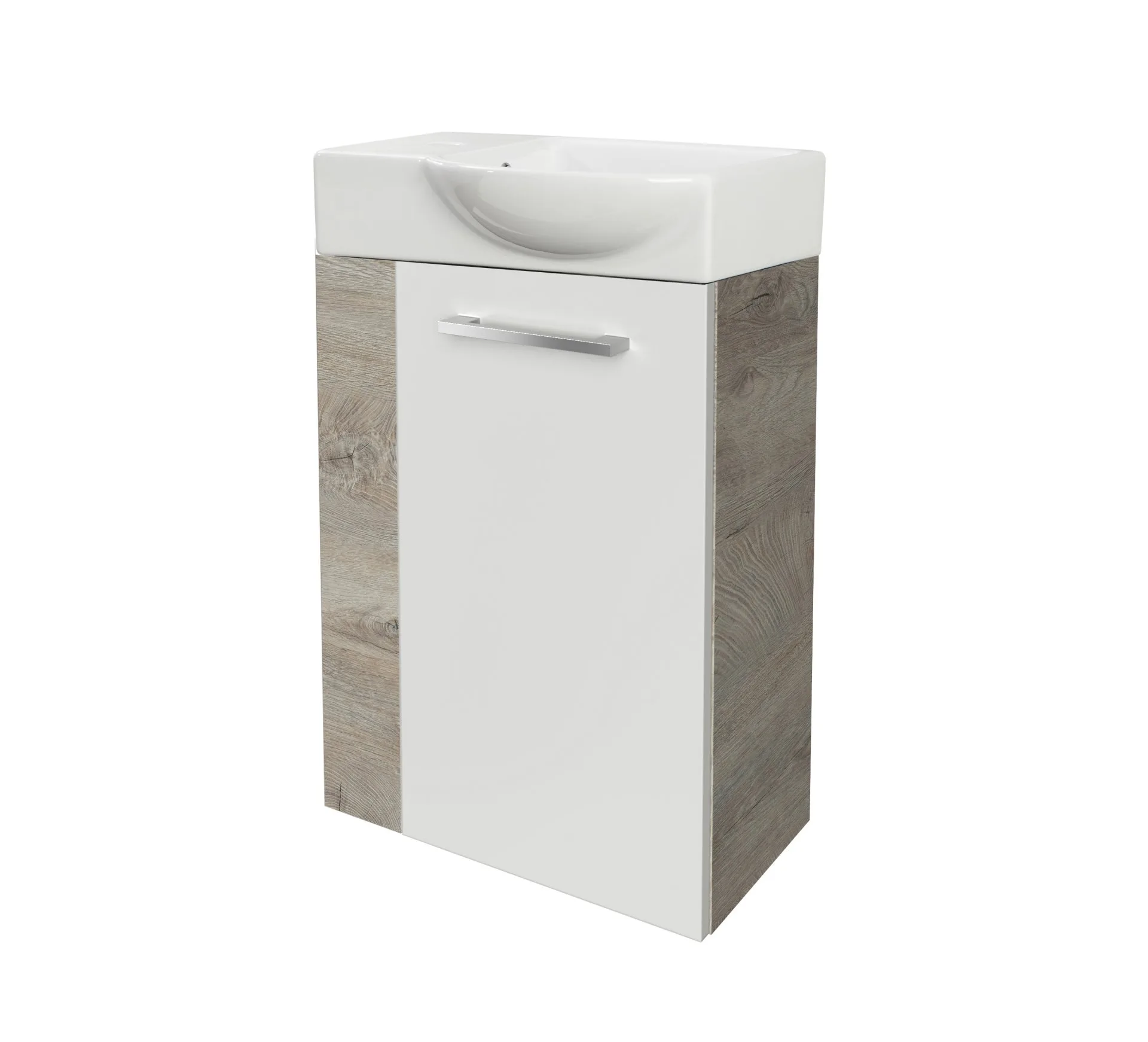 FACKELMANN SBC STANFORD Gäste WC Waschtisch Set 45 cm breit, Weiß/Braun hell, Waschbecken Keramik Weiß, Türanschlag rechts