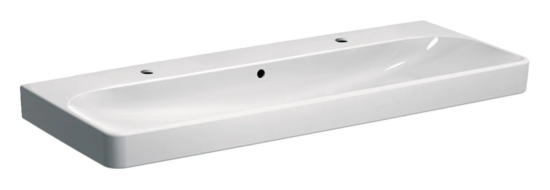 GEBERIT SMYLE SQUARE Doppel-Waschbecken Keramik 120 cm breit, Weiß, zwei Hahnlöcher, KeraTect