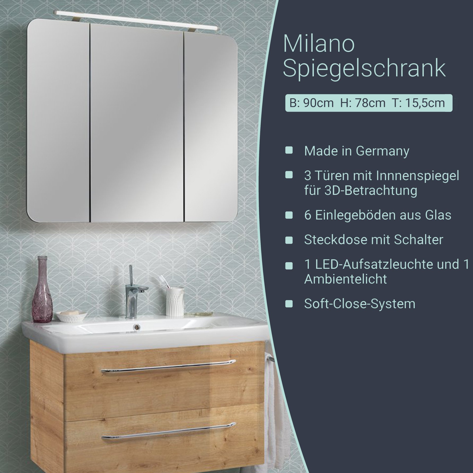 FACKELMANN MILANO Badmöbel Set 4-teilig 88 cm breit, Braun hell, Waschbecken Keramik Weiß + LED Spiegelschrank + Doppel Midischrank