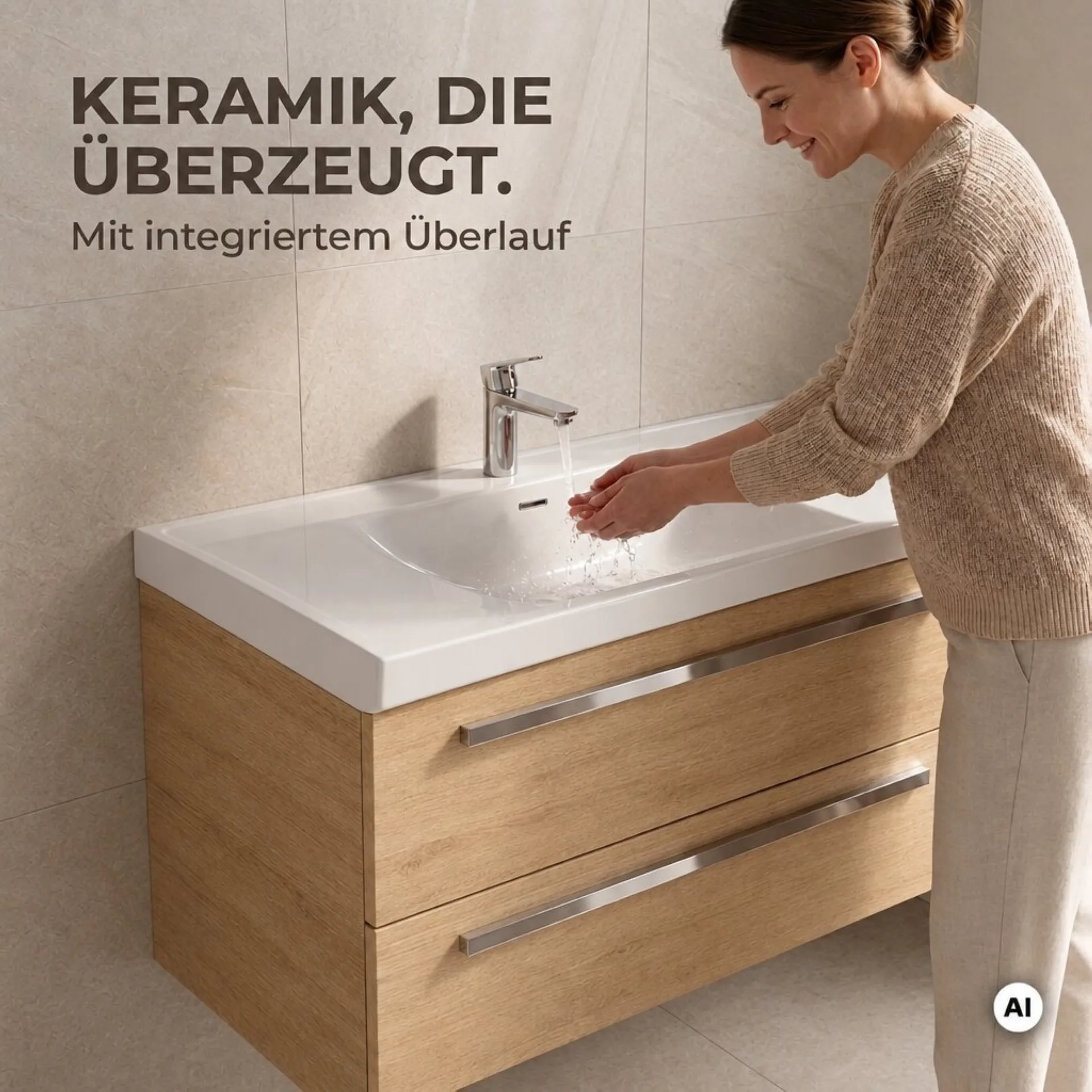 BADEDU TESSANO Waschbecken mit Unterschrank 120 cm breit, Braun hell, Waschbecken Keramik Weiß