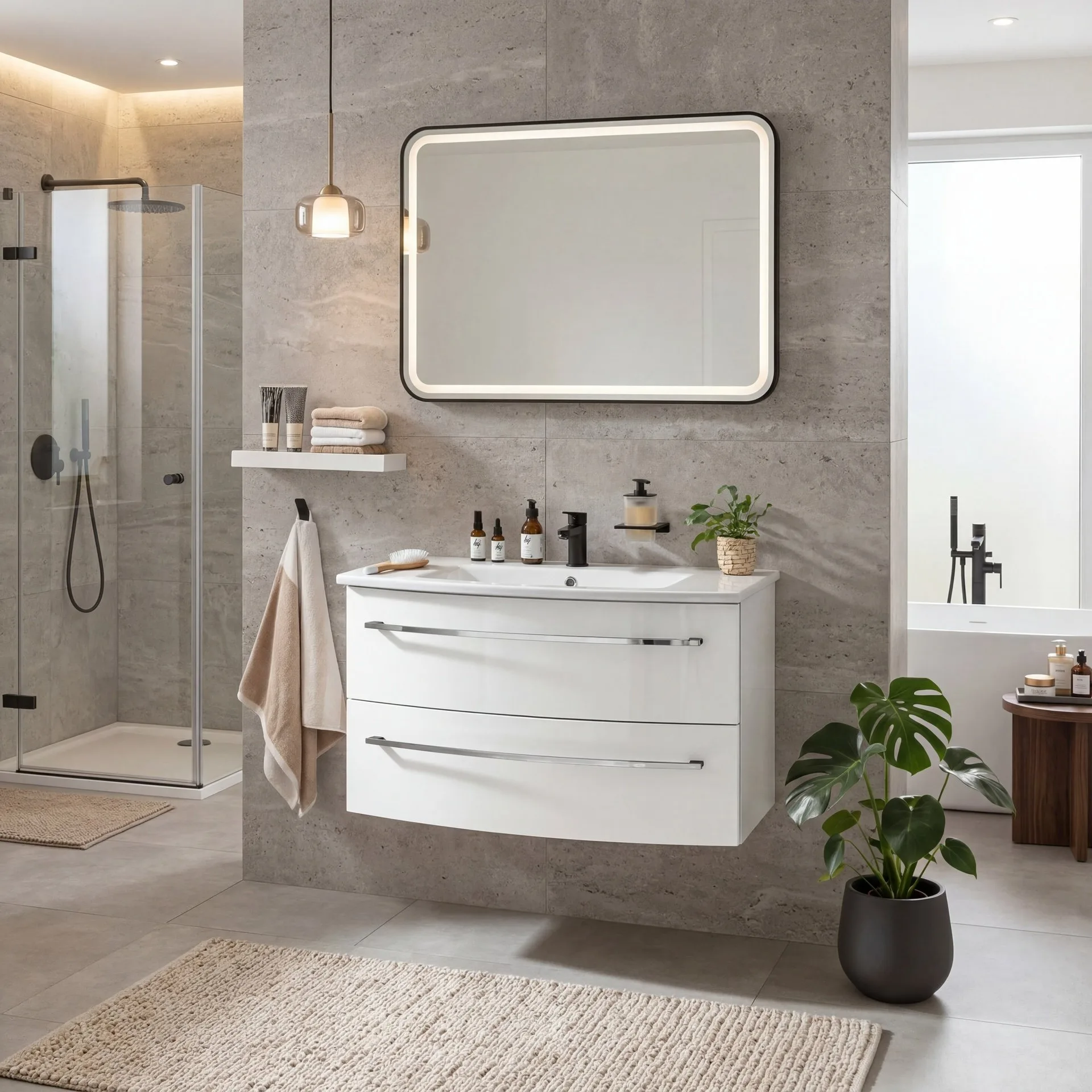 LANZET IMPULSO Waschbecken mit Unterschrank 90 cm breit, Weiß, Waschbecken Keramik Weiß