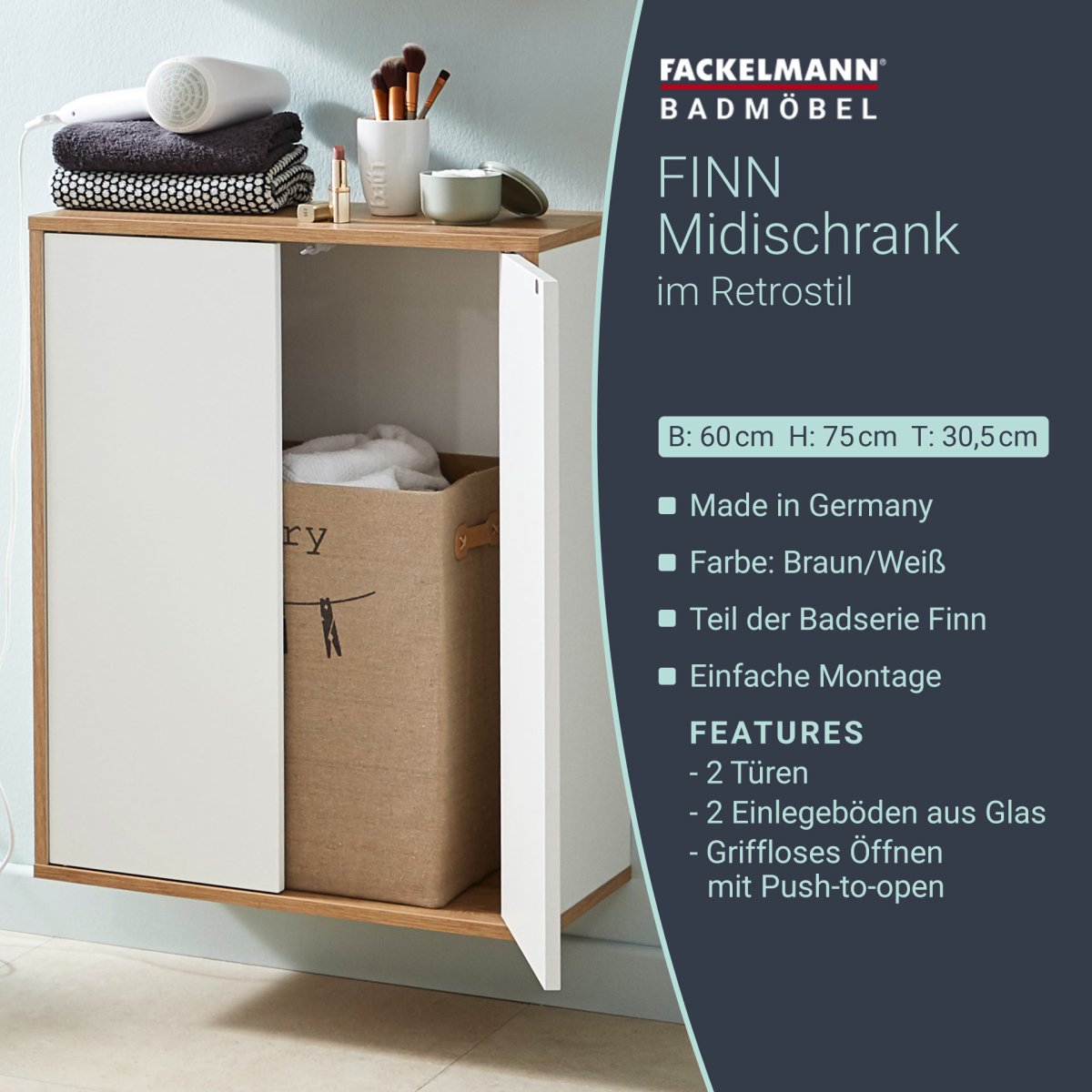 Fackelmann FINN Doppel Midischrank 60 cm, Braun hell/Weiß