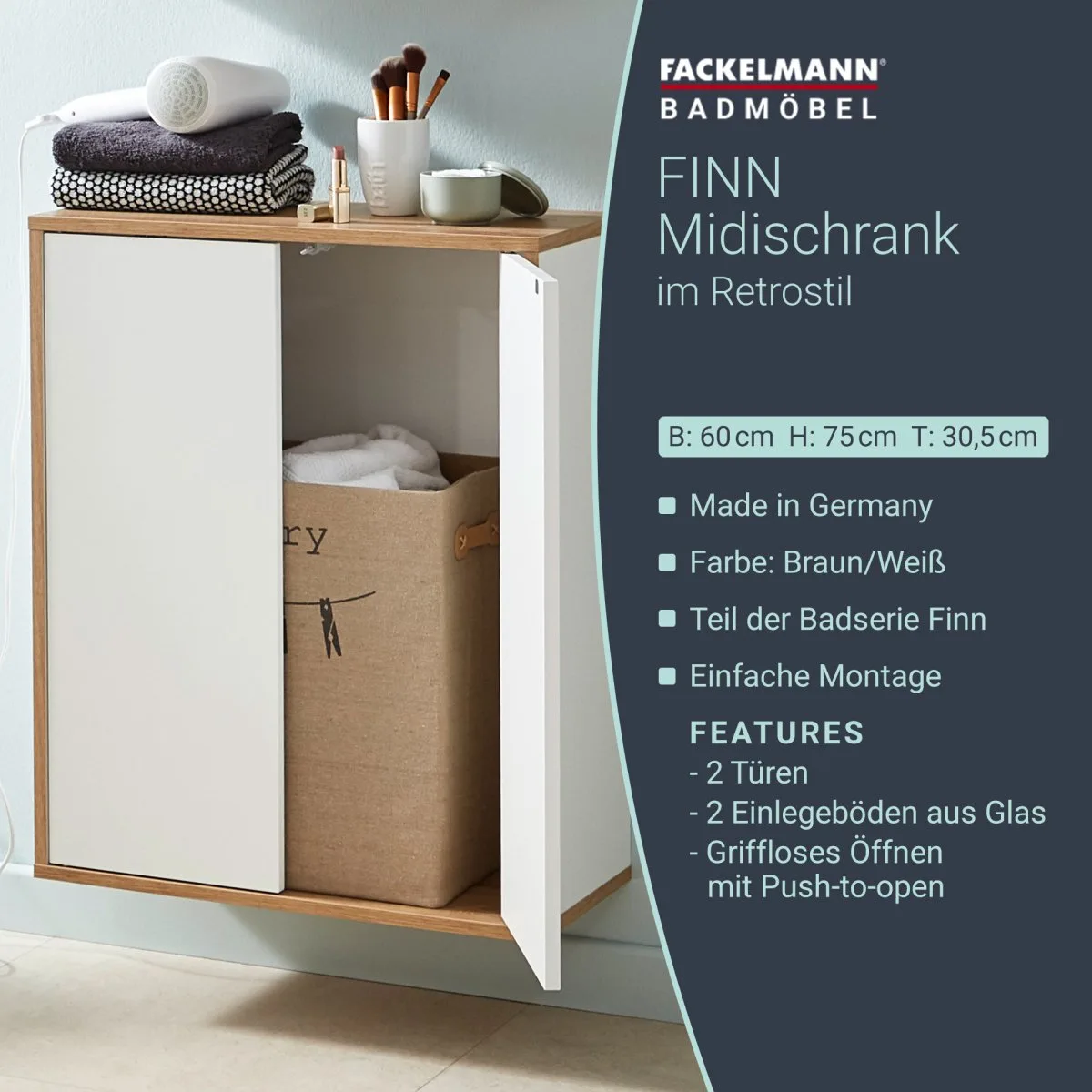 FACKELMANN FINN Doppel Midischrank 60 cm breit, Weiß/Braun hell
