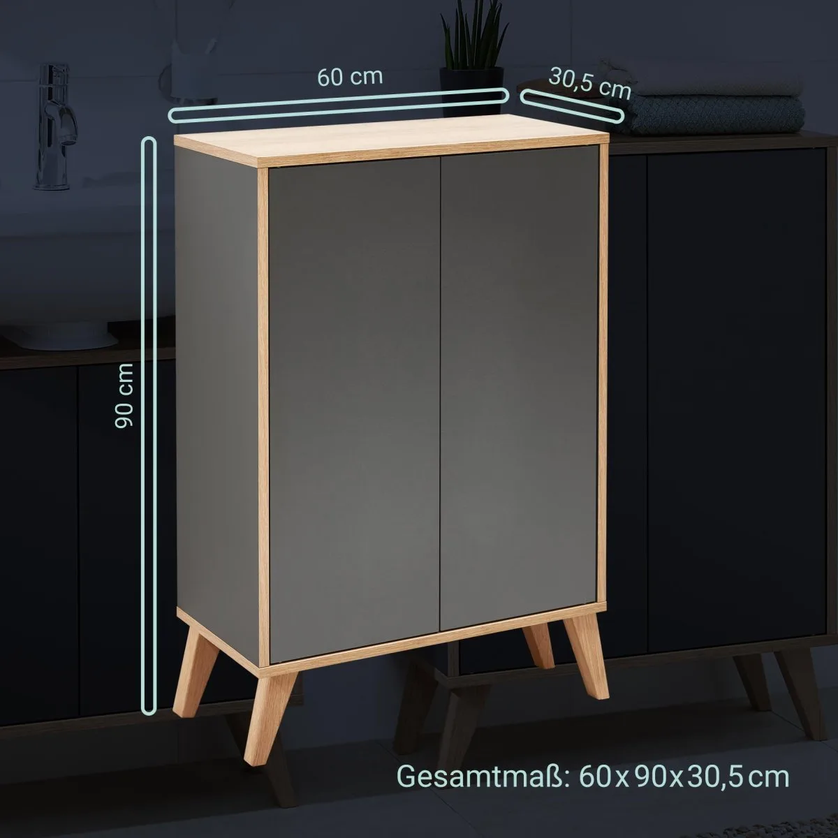FACKELMANN FINN Doppel Midischrank 60 cm breit, Anthrazit/Braun hell + Holzfüße