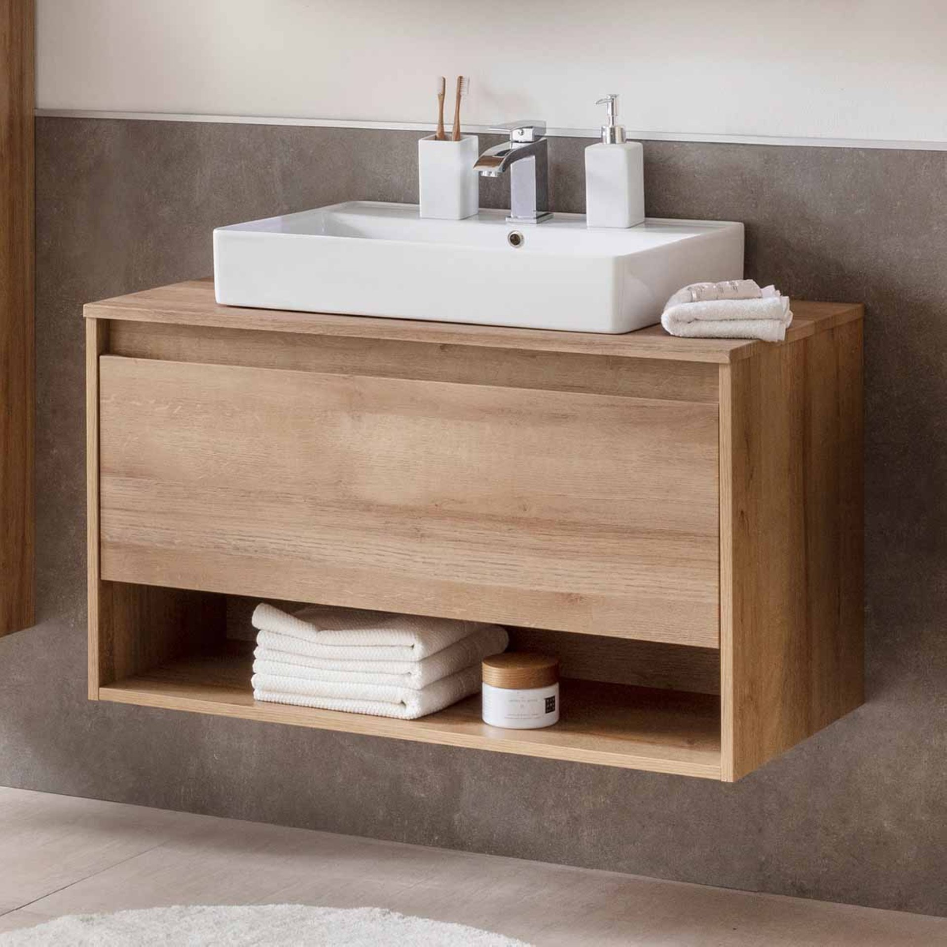 Fackelmann NATURA Badmöbelset 2-teilig, Keramikbecken, 94 cm breit, Braun hell