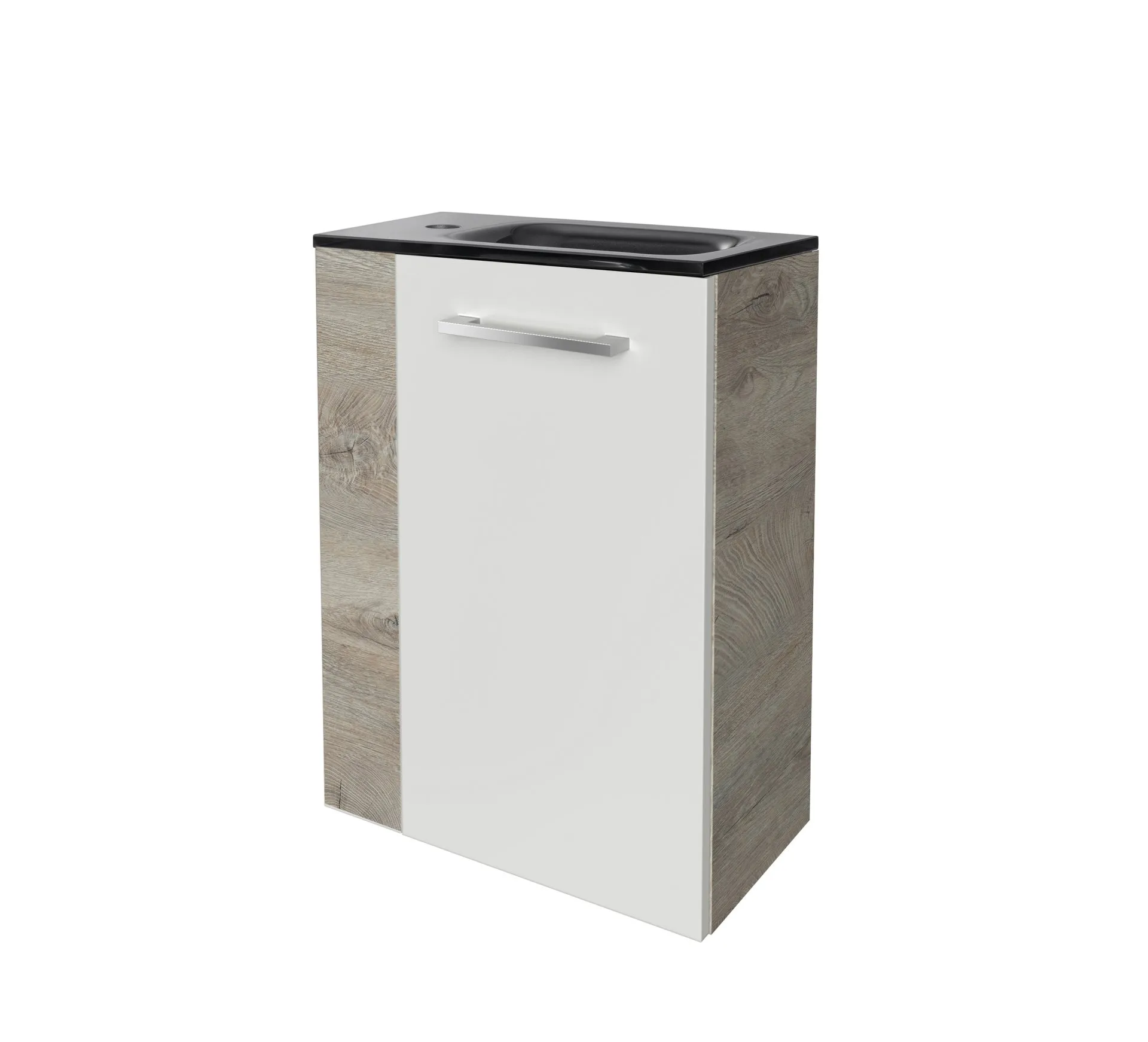 FACKELMANN SBC STANFORD Gäste WC Waschtisch Set 45 cm breit, Weiß/Braun hell, Waschbecken Glas Anthrazit, Türanschlag rechts