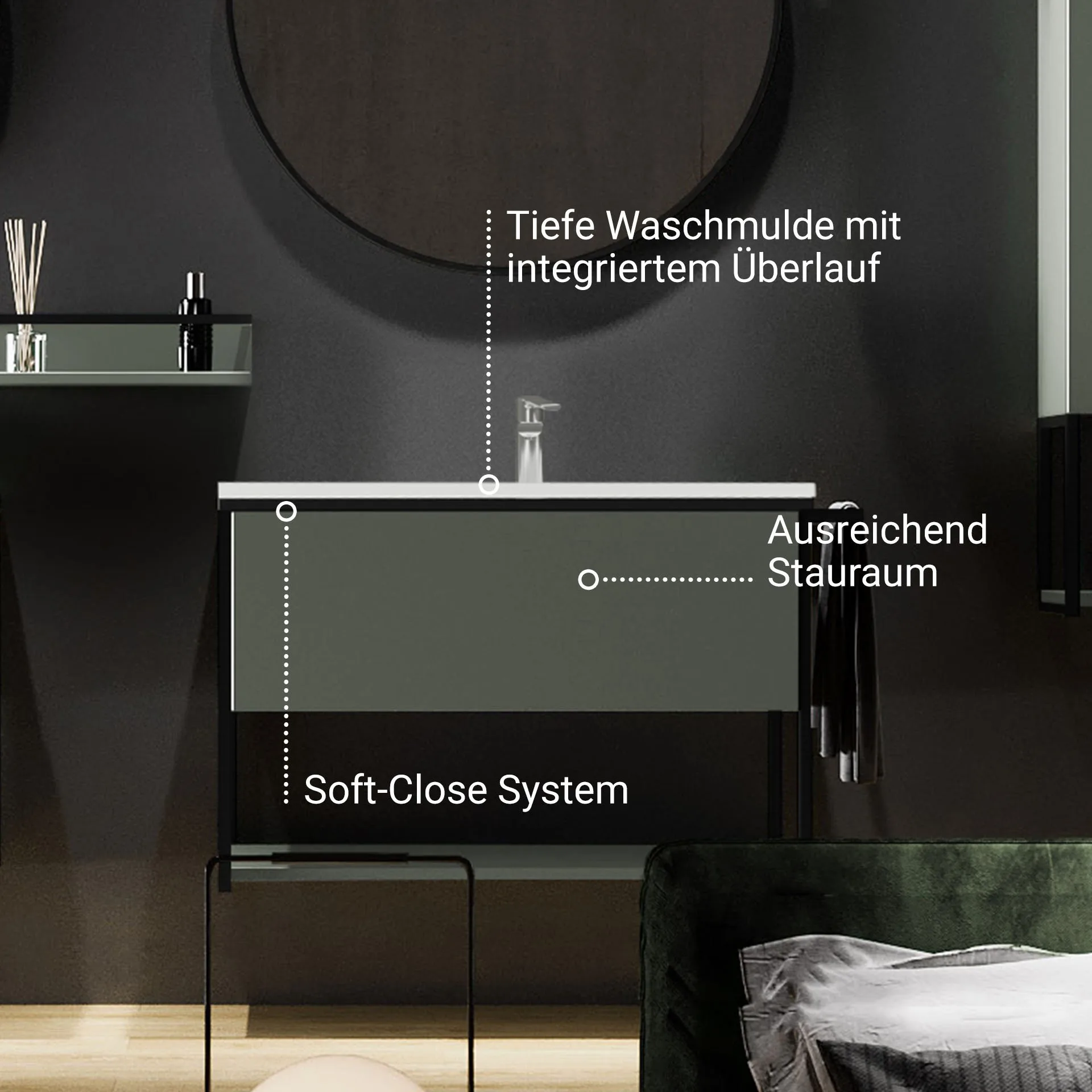 BADEDU DUNA Waschbecken mit Unterschrank 80 cm breit, Grün, Waschbecken Keramik Weiß