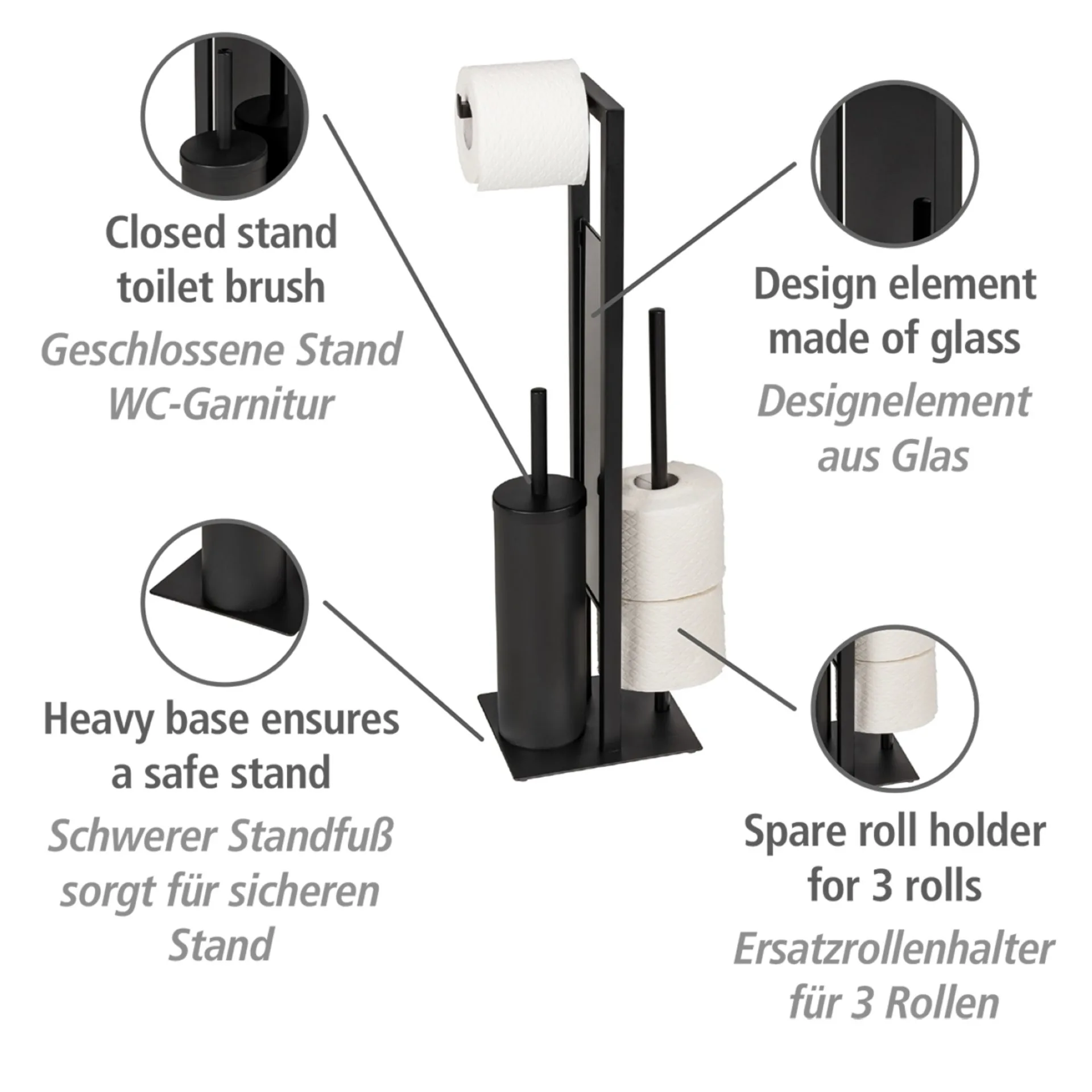 WENKO RIVALTA WC-Garnitur, Schwarz, mit Toilettenpapierhalter und Bevorrater, stehend